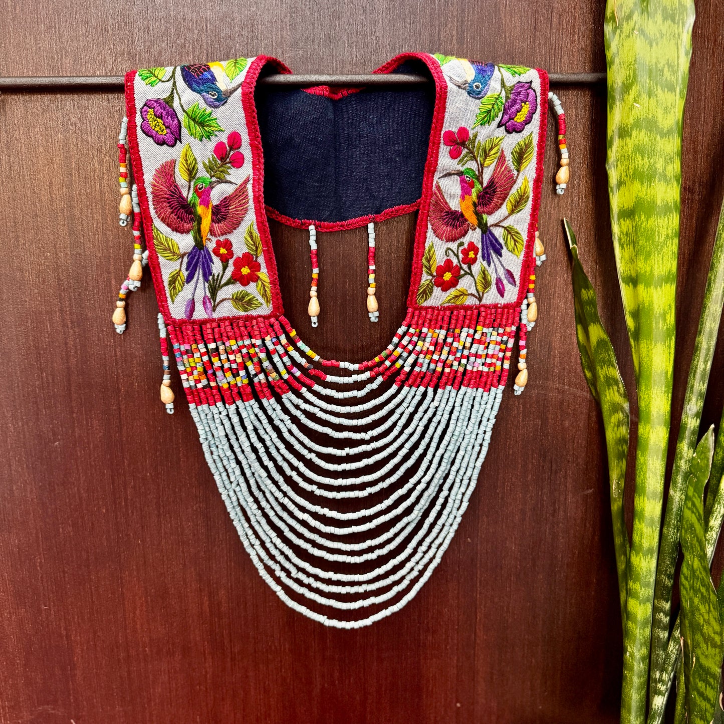 Ceremonial Shoulder Piece with Hand-Embroidered Birds - Stone Blue & Velvet