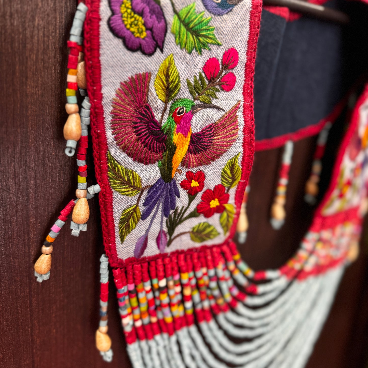 Ceremonial Shoulder Piece with Hand-Embroidered Birds - Stone Blue & Velvet