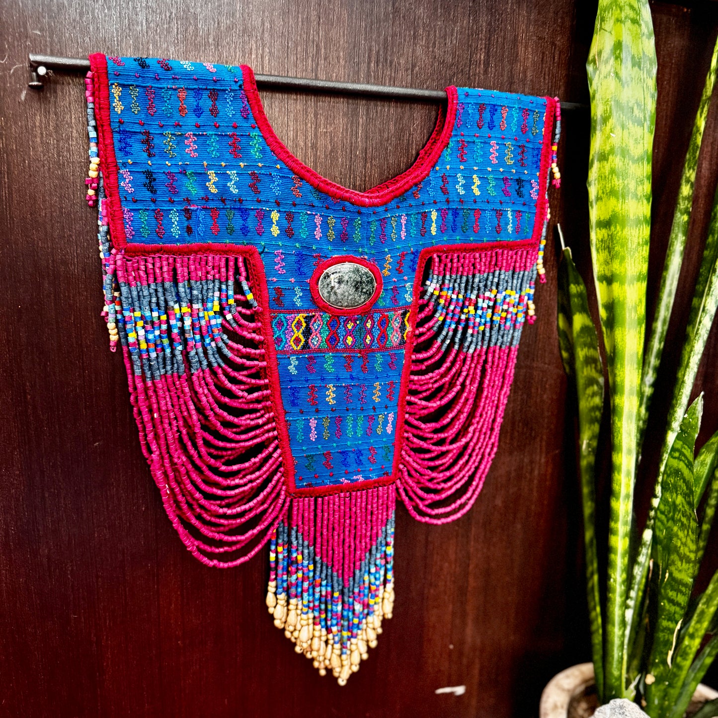 Beaded Tabard Poncho with Traditional Textile & Jade - Fuchsia Palopó