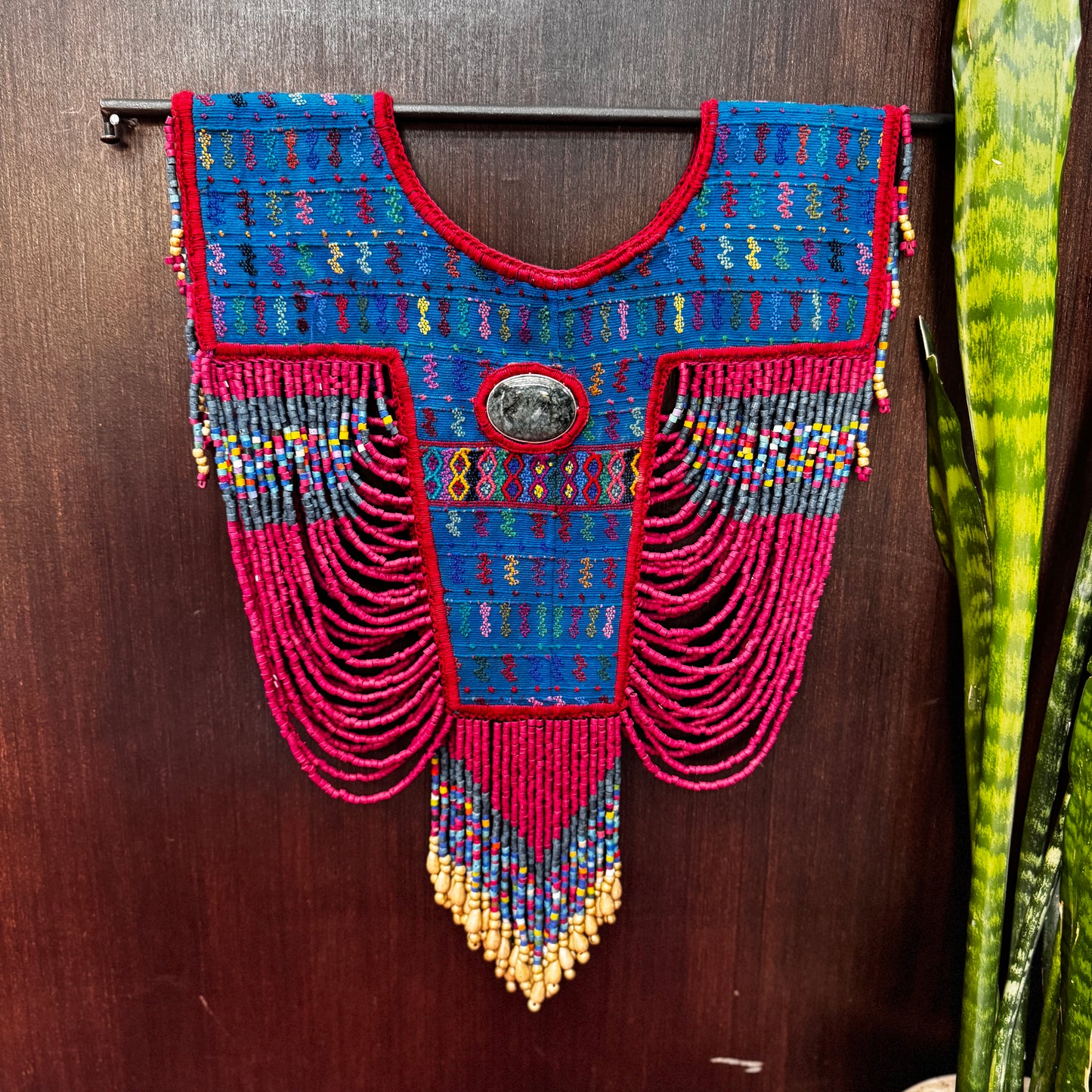 Beaded Tabard Poncho with Traditional Textile & Jade - Fuchsia Palopó