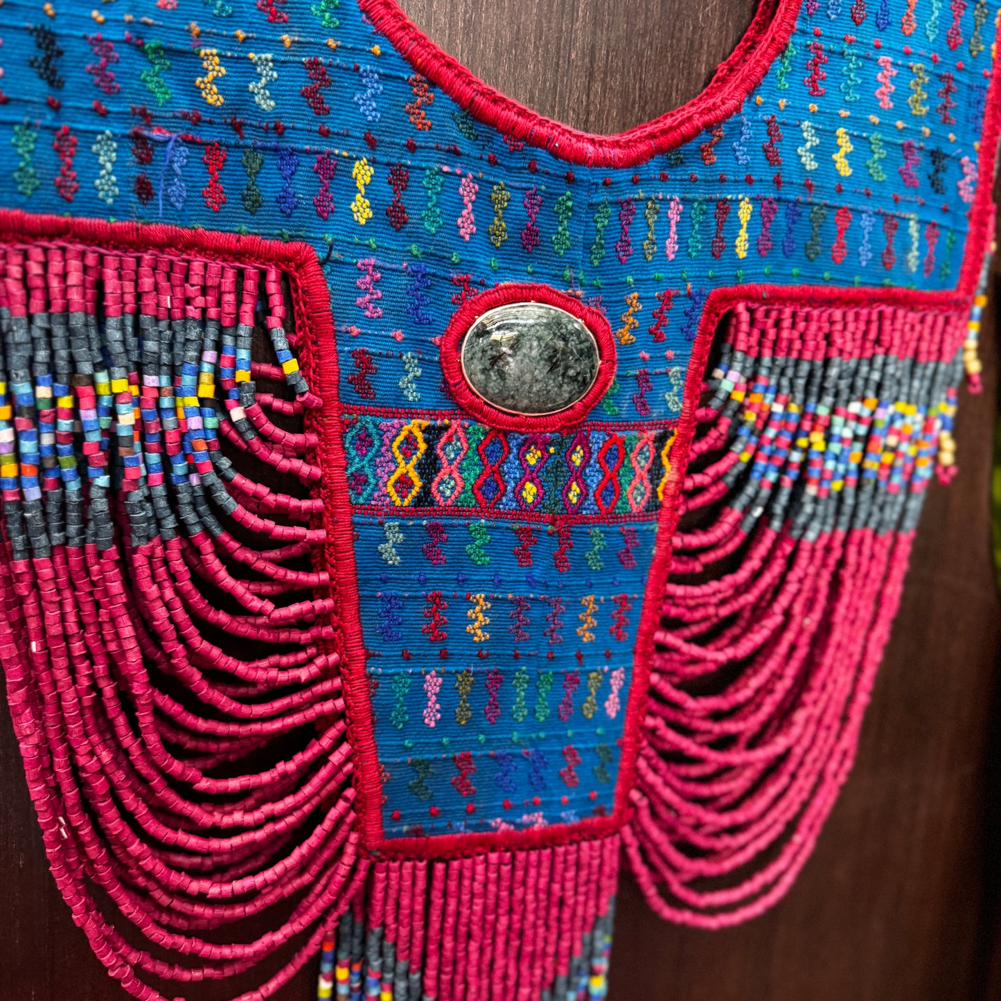 Beaded Tabard Poncho with Traditional Textile & Jade - Fuchsia Palopó