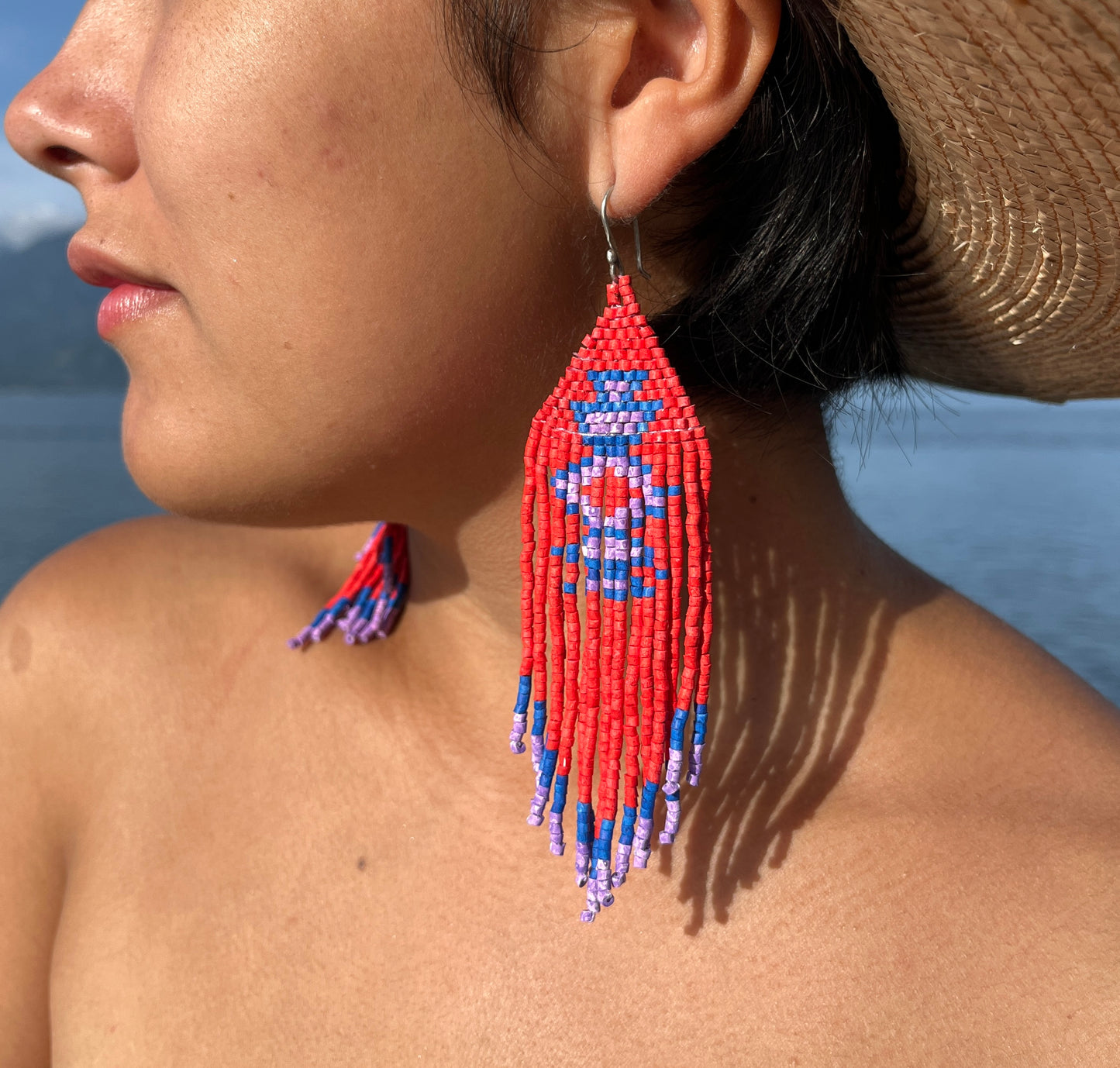 Beaded Fringe Earrings with Geoemetric Symbols