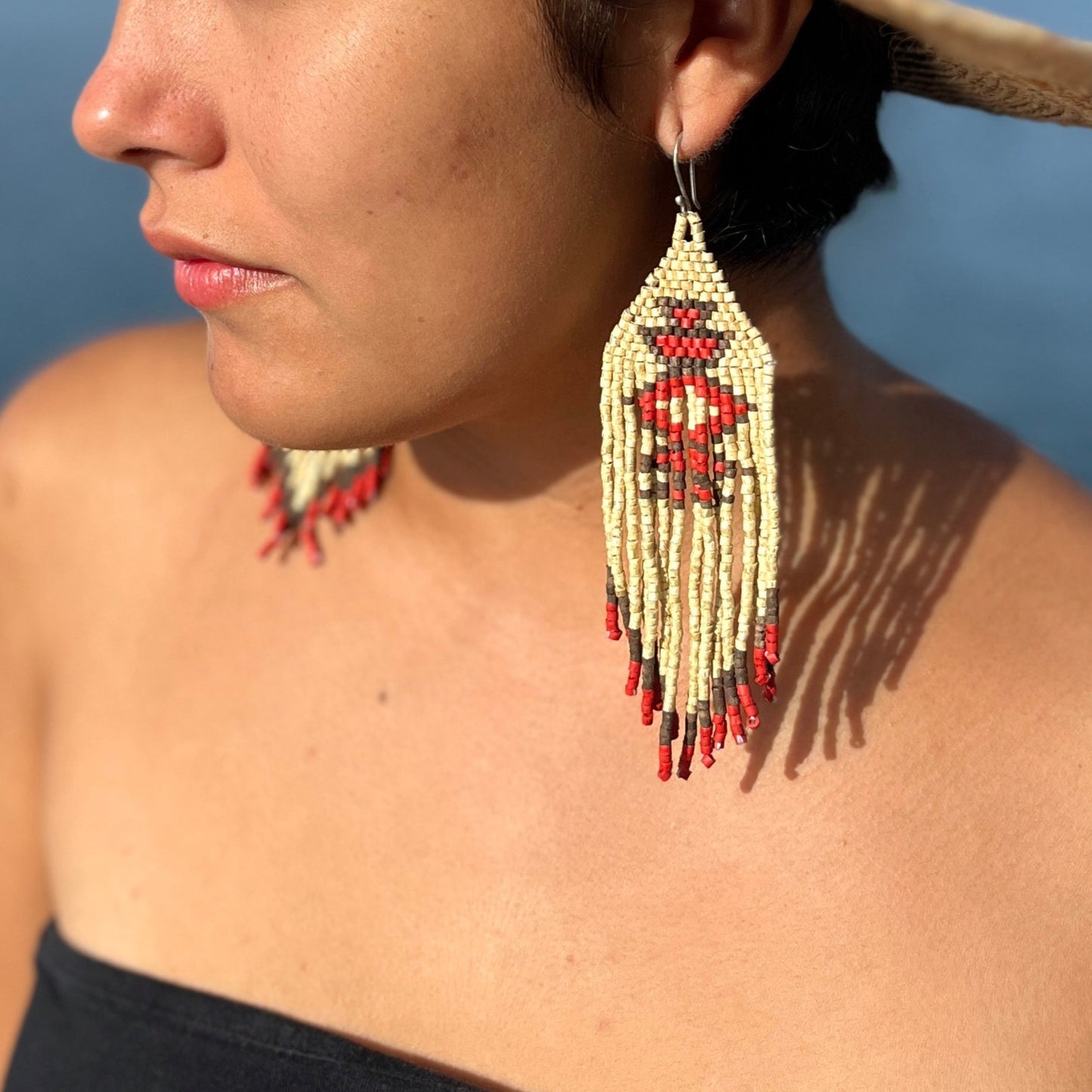 Beaded Fringe Earrings with Geoemetric Symbols