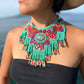 Statement Bib Collar, Precious Jade & Fringes, Adjustable - "Babero", Blues