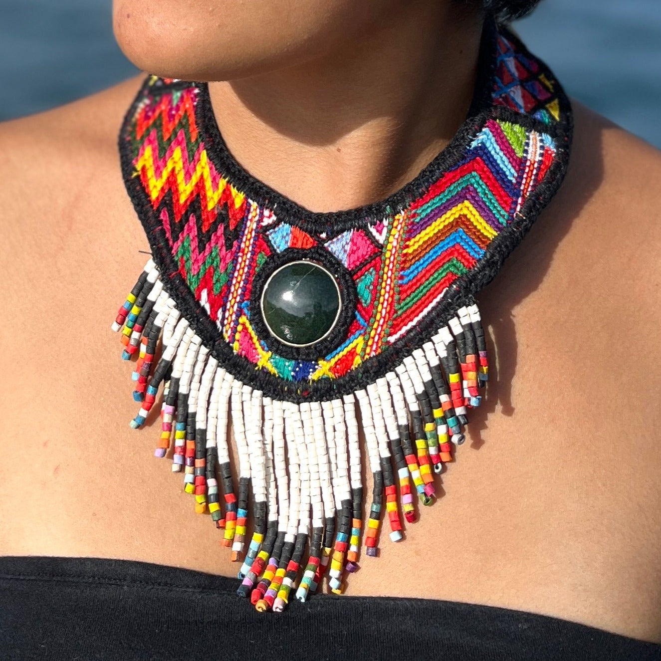Statement Bib Collar, Precious Jade & Fringes, Adjustable - "Babero"