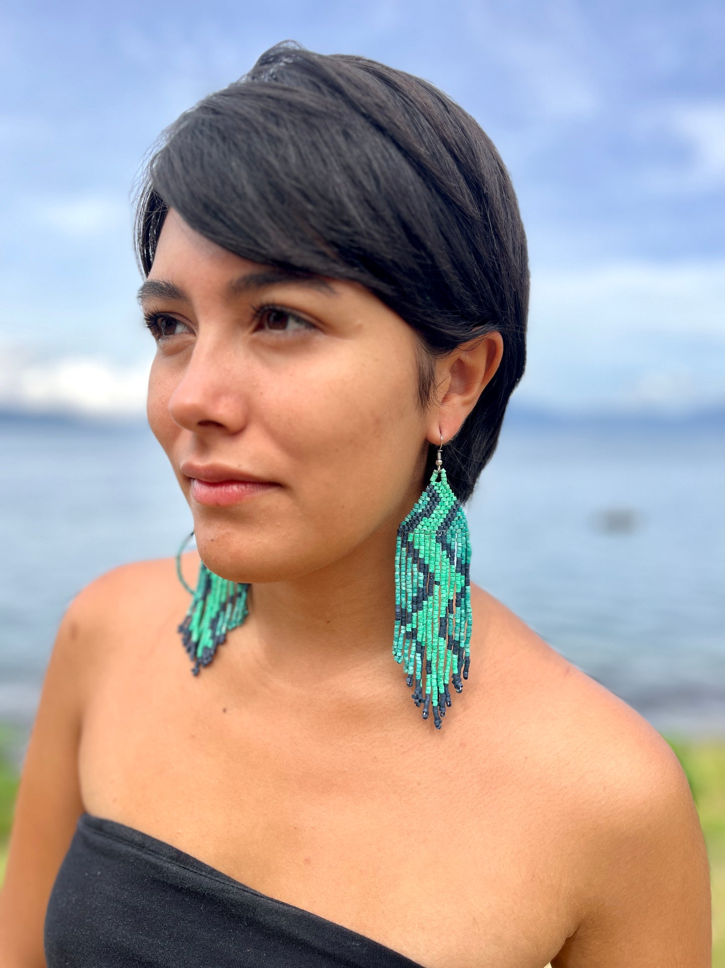 Beaded Fringe Earrings in Boho Zig Zag Design