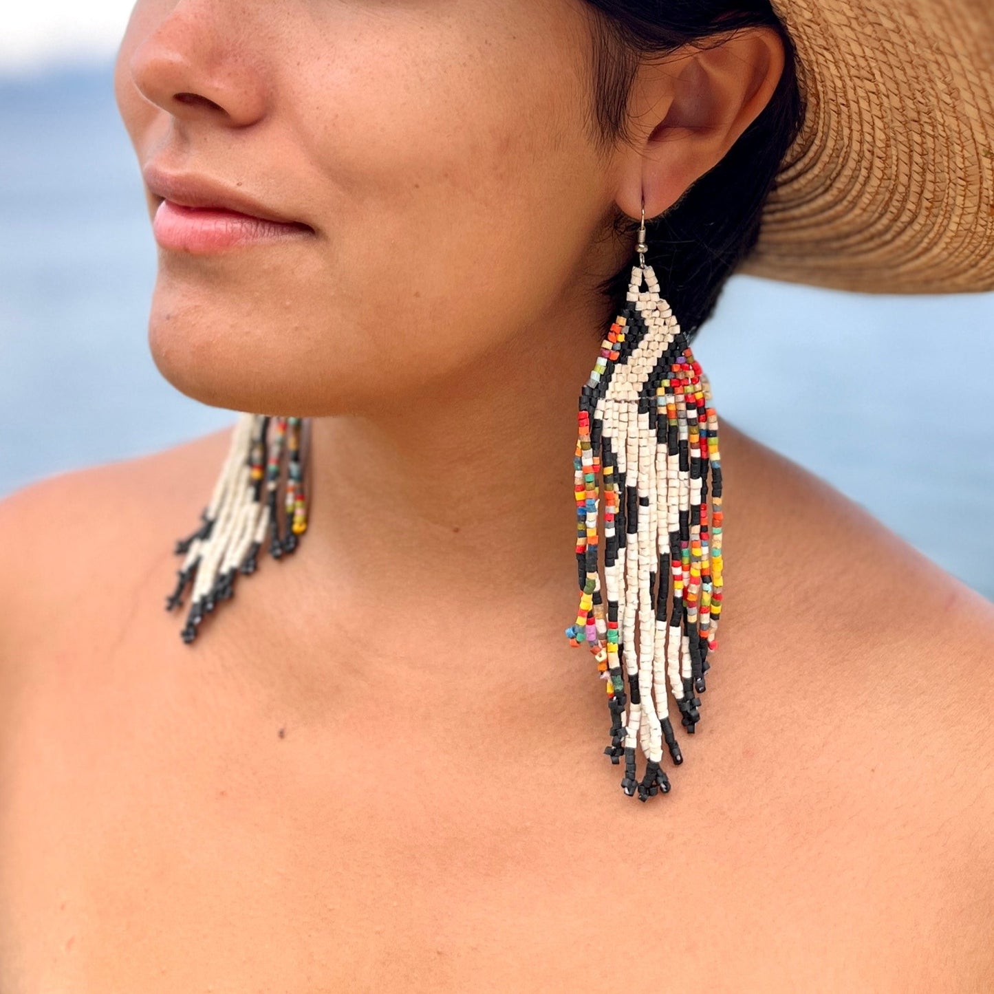Beaded Fringe Earrings in Boho Zig Zag Design