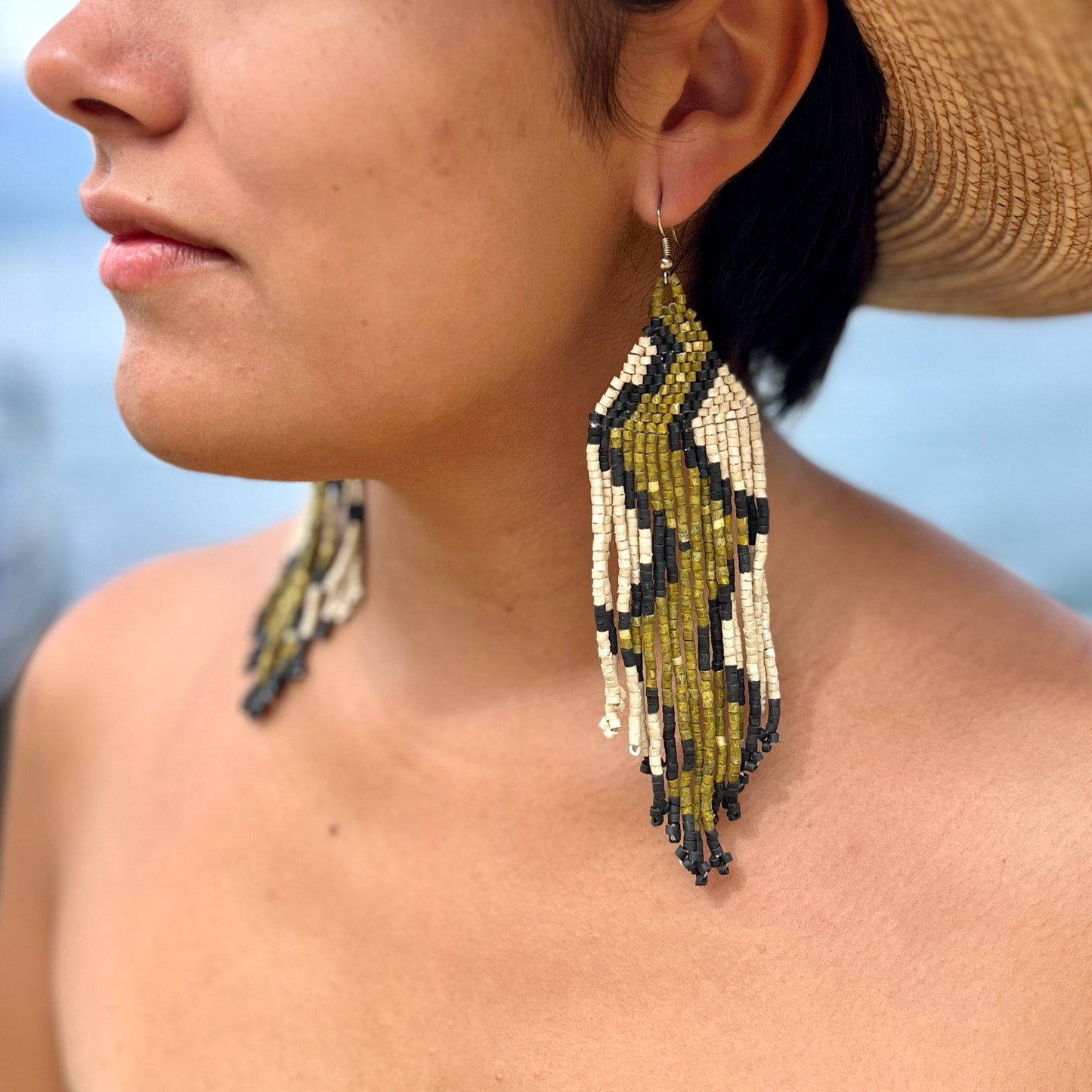 Beaded Fringe Earrings in Boho Zig Zag Design