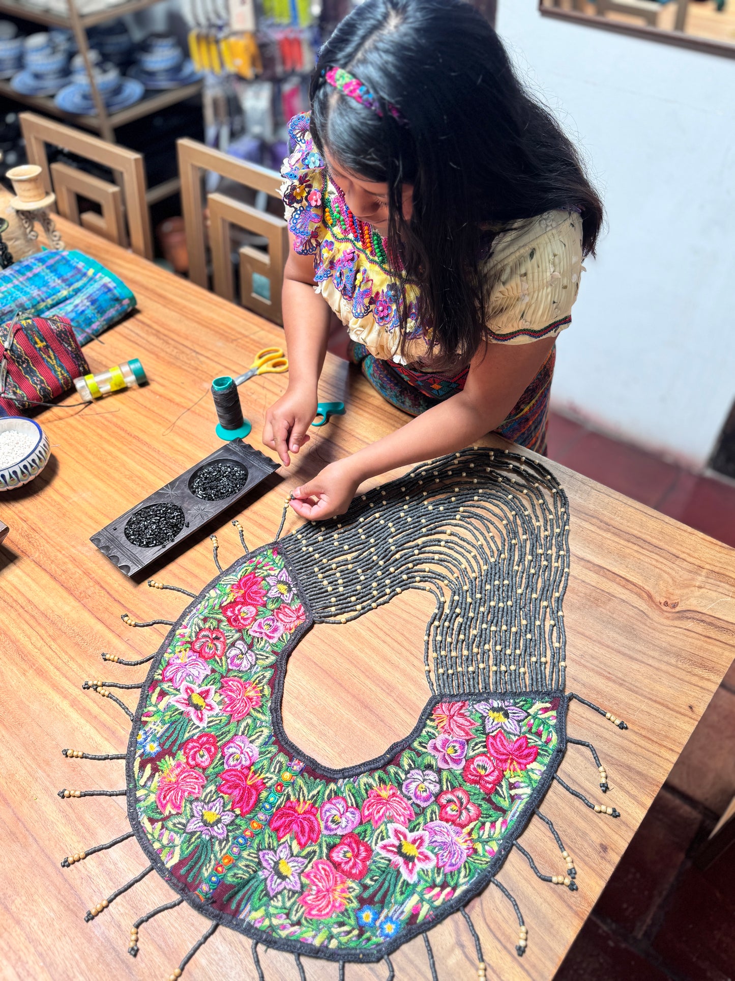 Shoulder Cape with Beads - Huipil Capa, Midnight Bloom