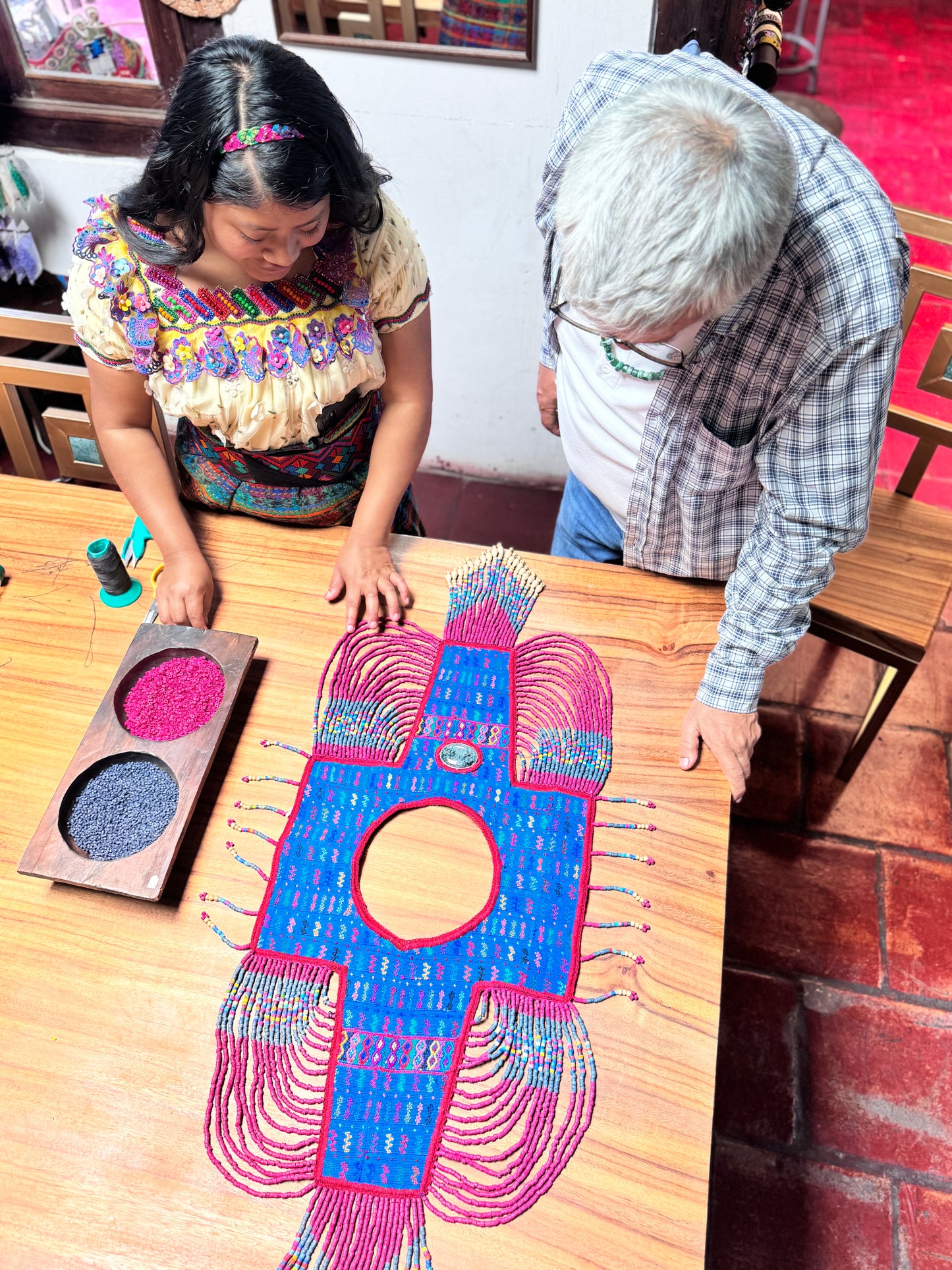 Beaded Tabard Poncho with Traditional Textile & Jade - Fuchsia Palopó