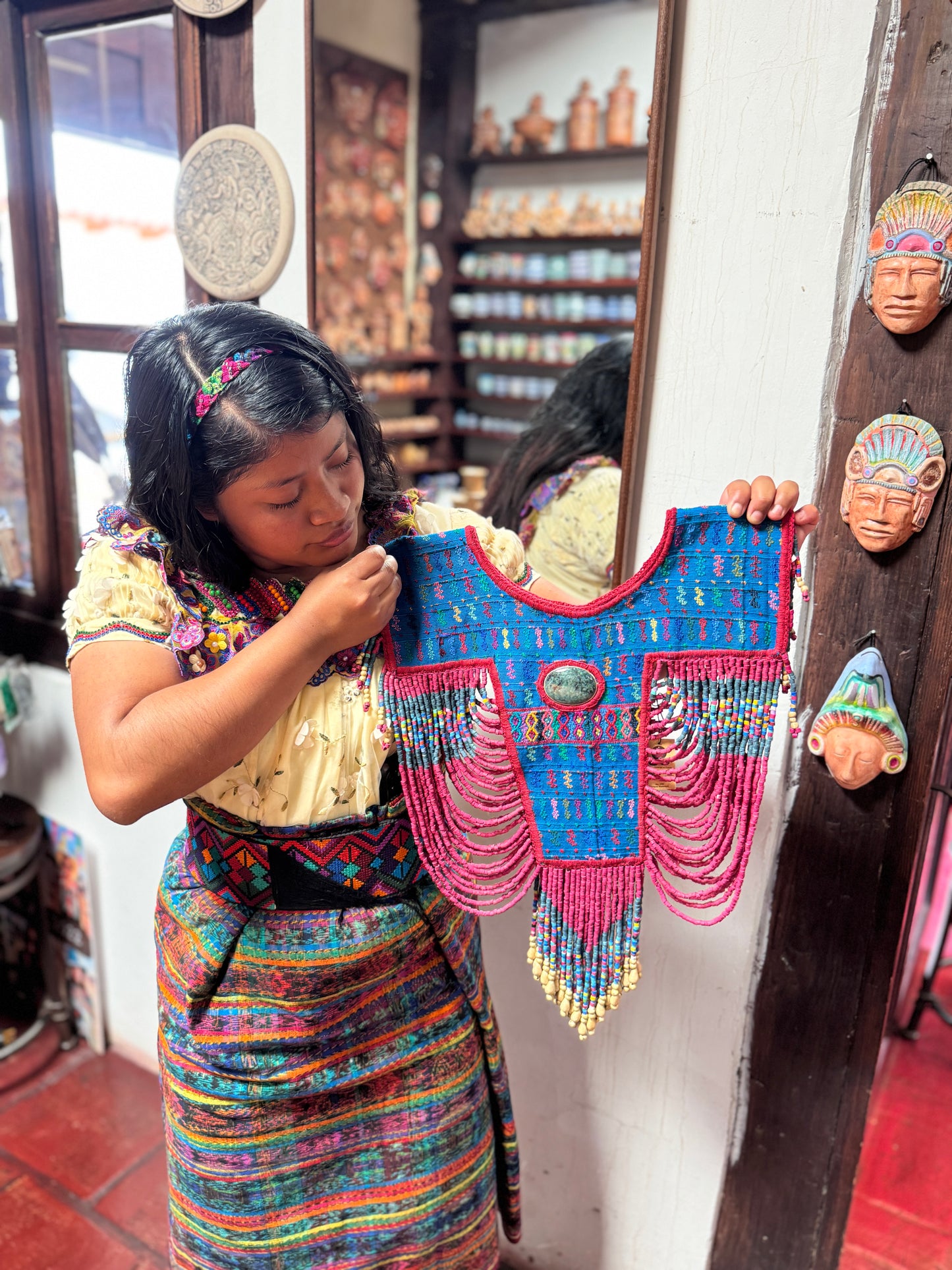 Beaded Tabard Poncho with Traditional Textile & Jade - Fuchsia Palopó