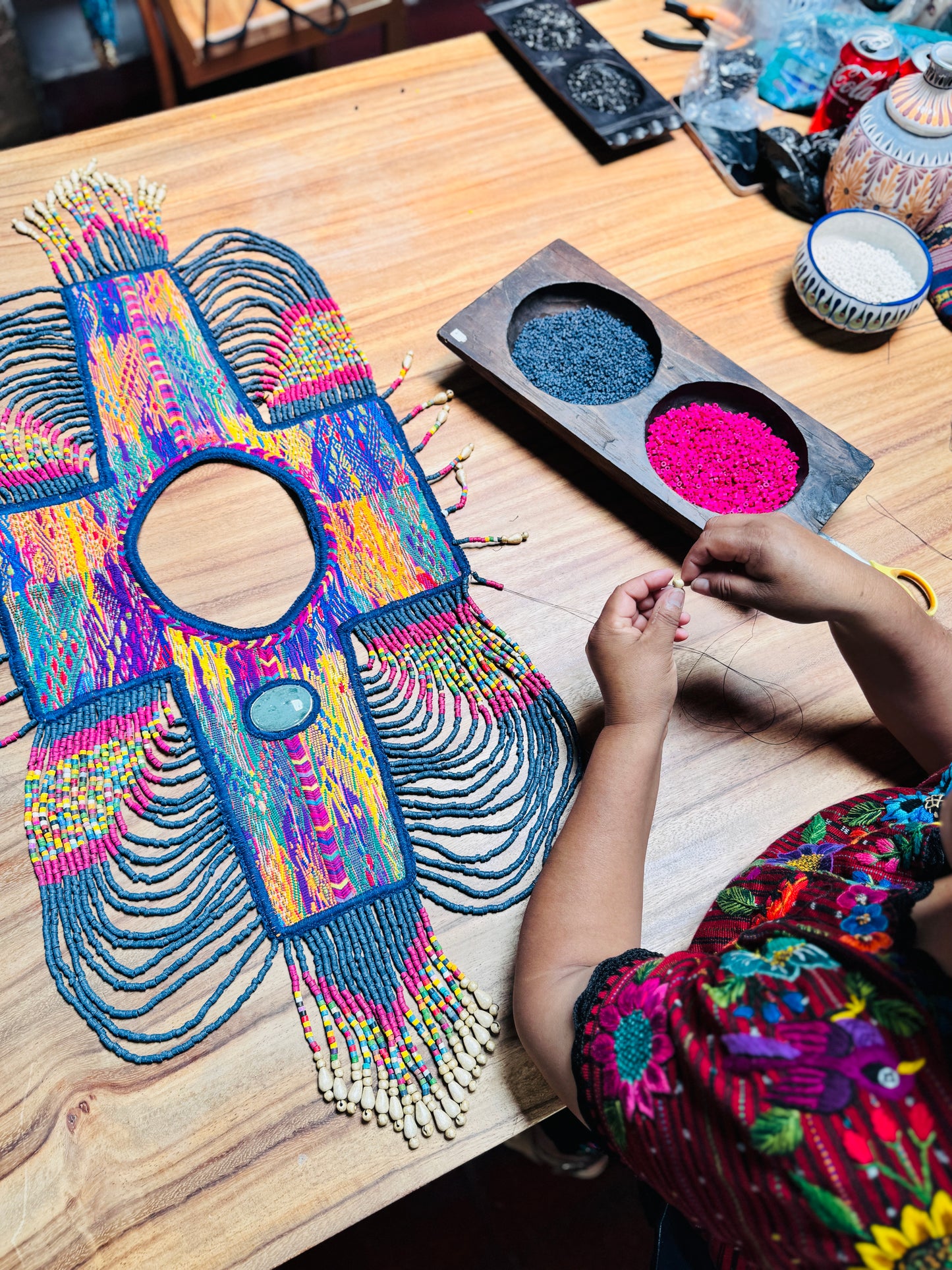 Beaded Tabard Poncho with Traditional Textile & Jade - San Juan Sunset
