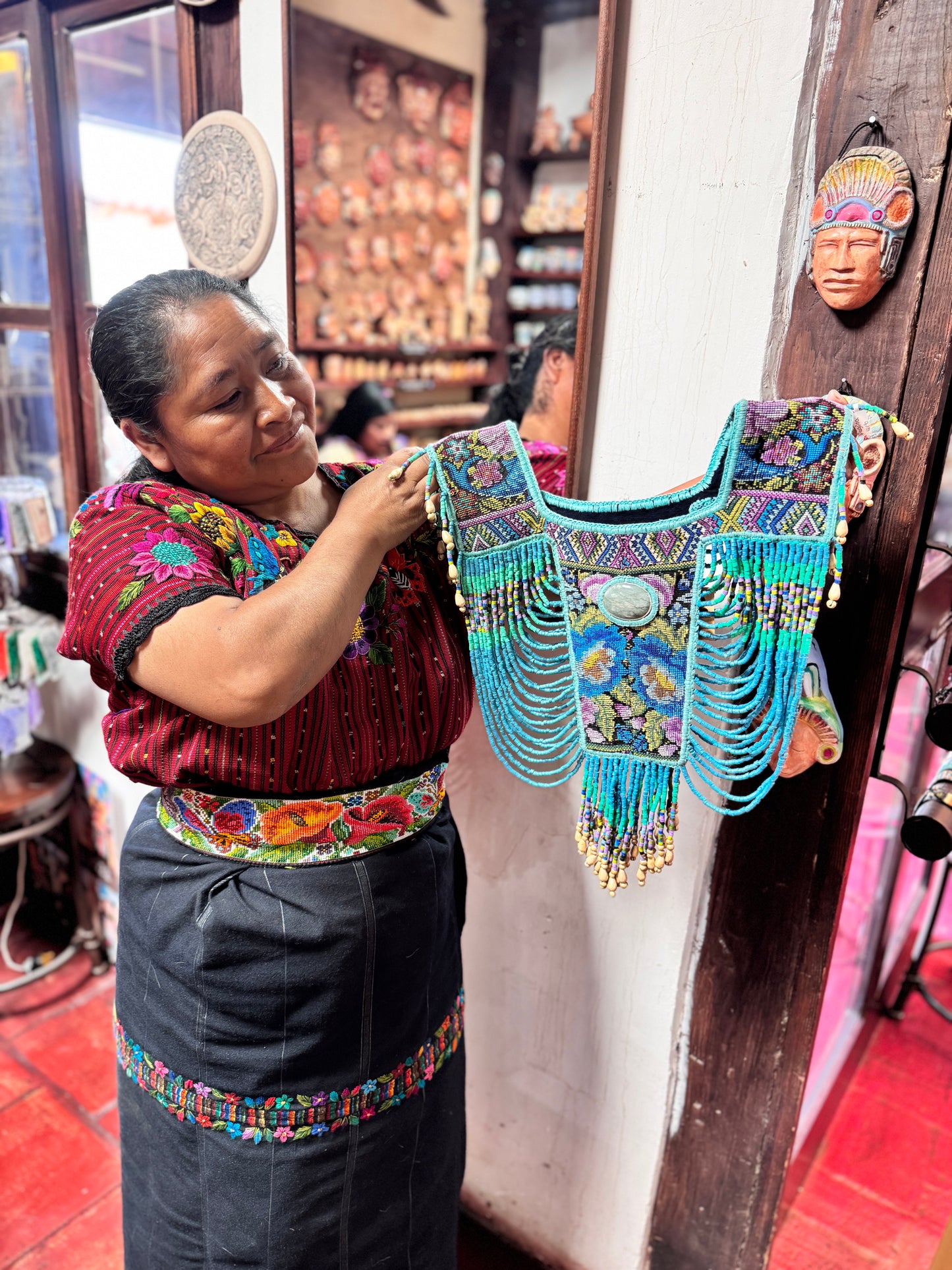 Beaded Tabard Poncho with Traditional Textile & Jade - Turquoise Serenade