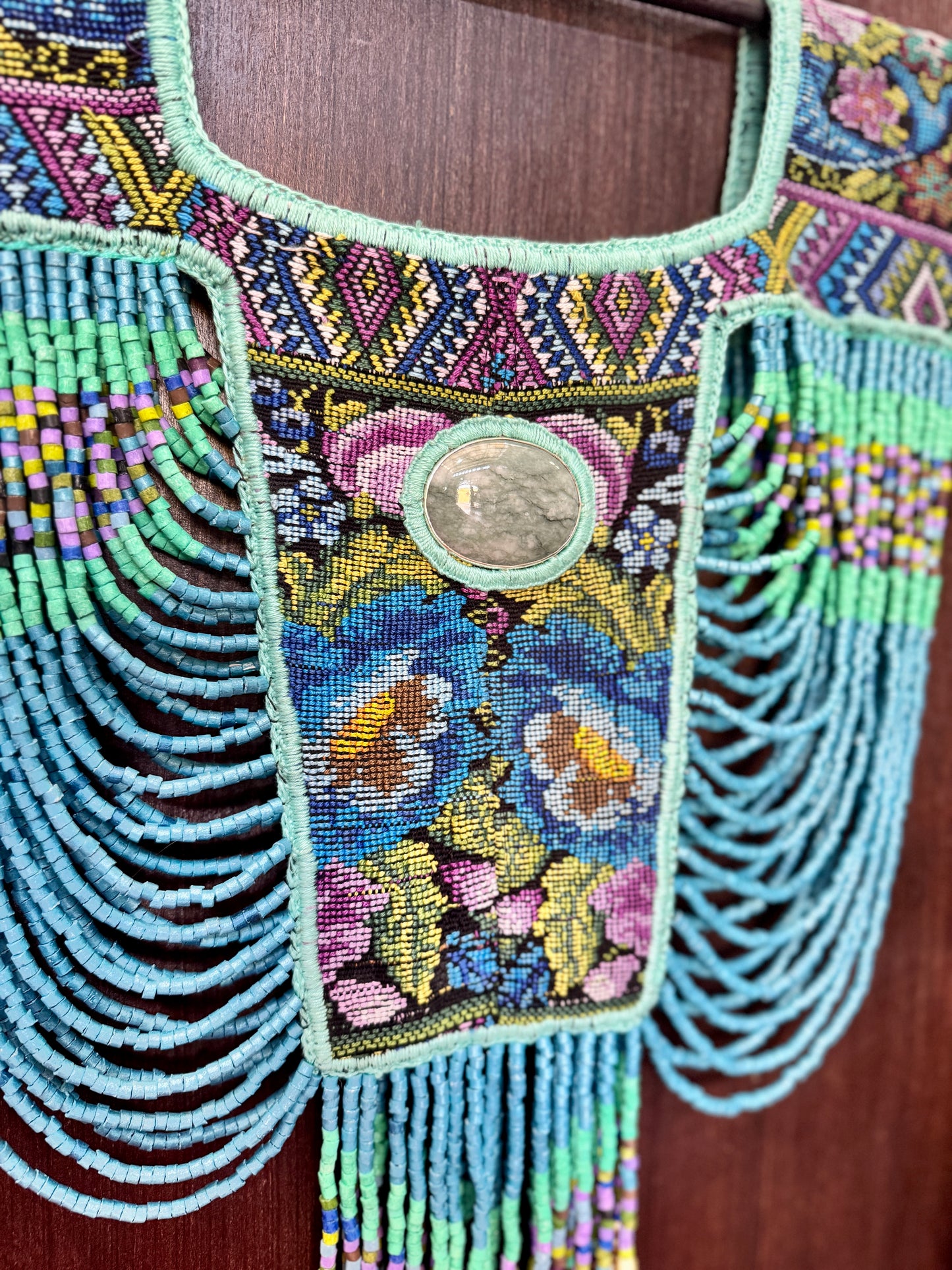 Beaded Tabard Poncho with Traditional Textile & Jade - Turquoise Serenade