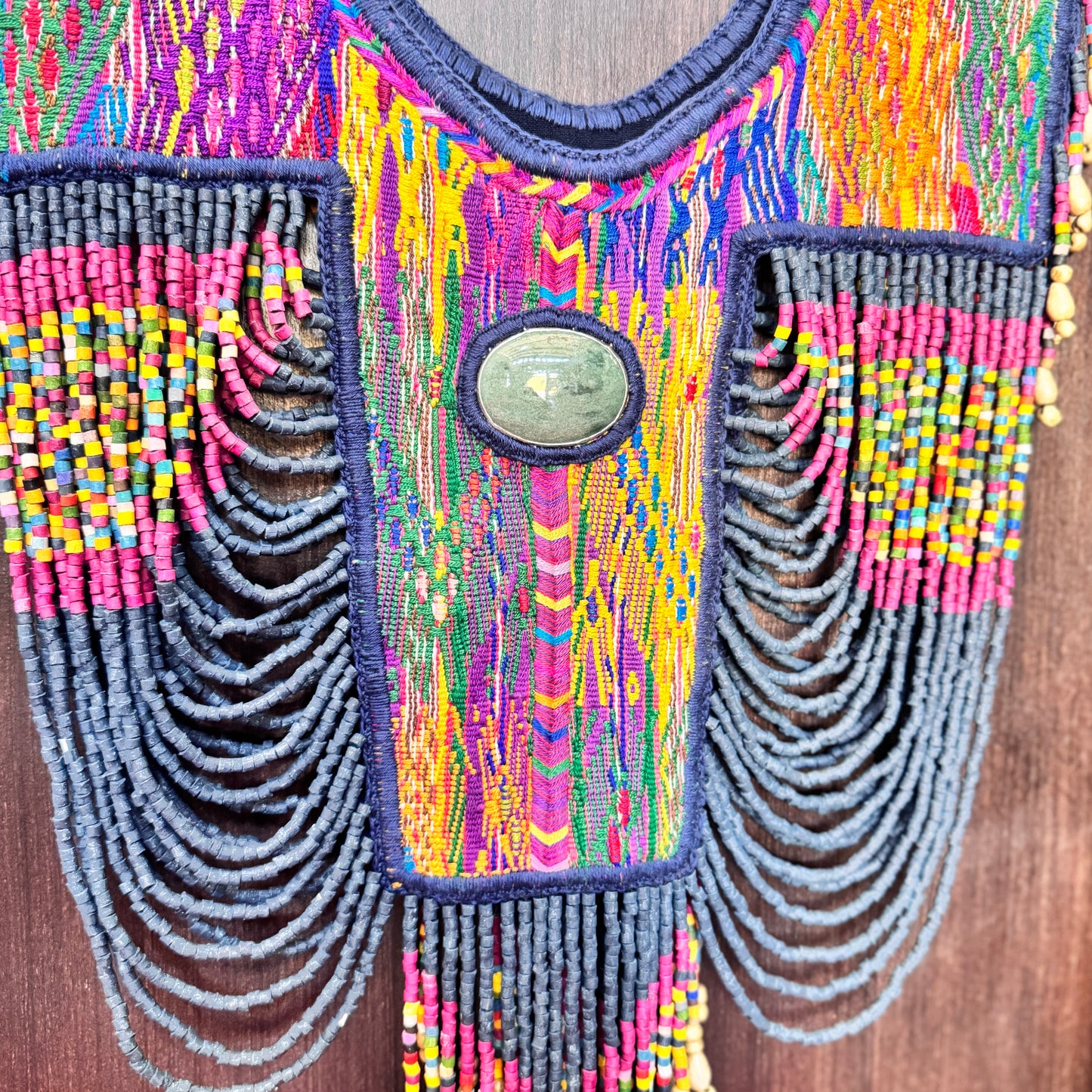 Beaded Tabard Poncho with Traditional Textile & Jade - San Juan Sunset
