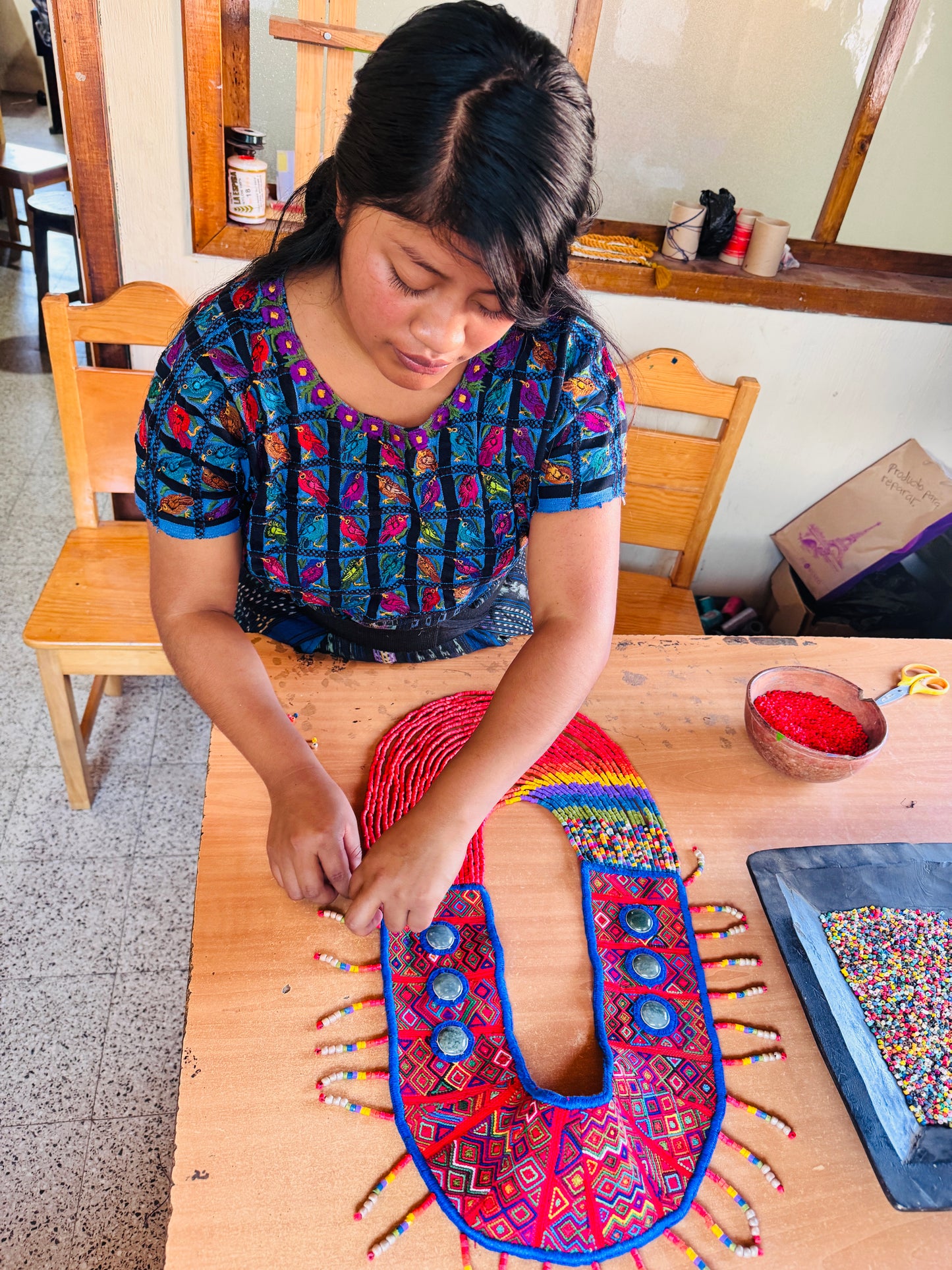 Ceremonial Shoulder Piece with Jade Stones and Beaded Chains - Red Rainbow
