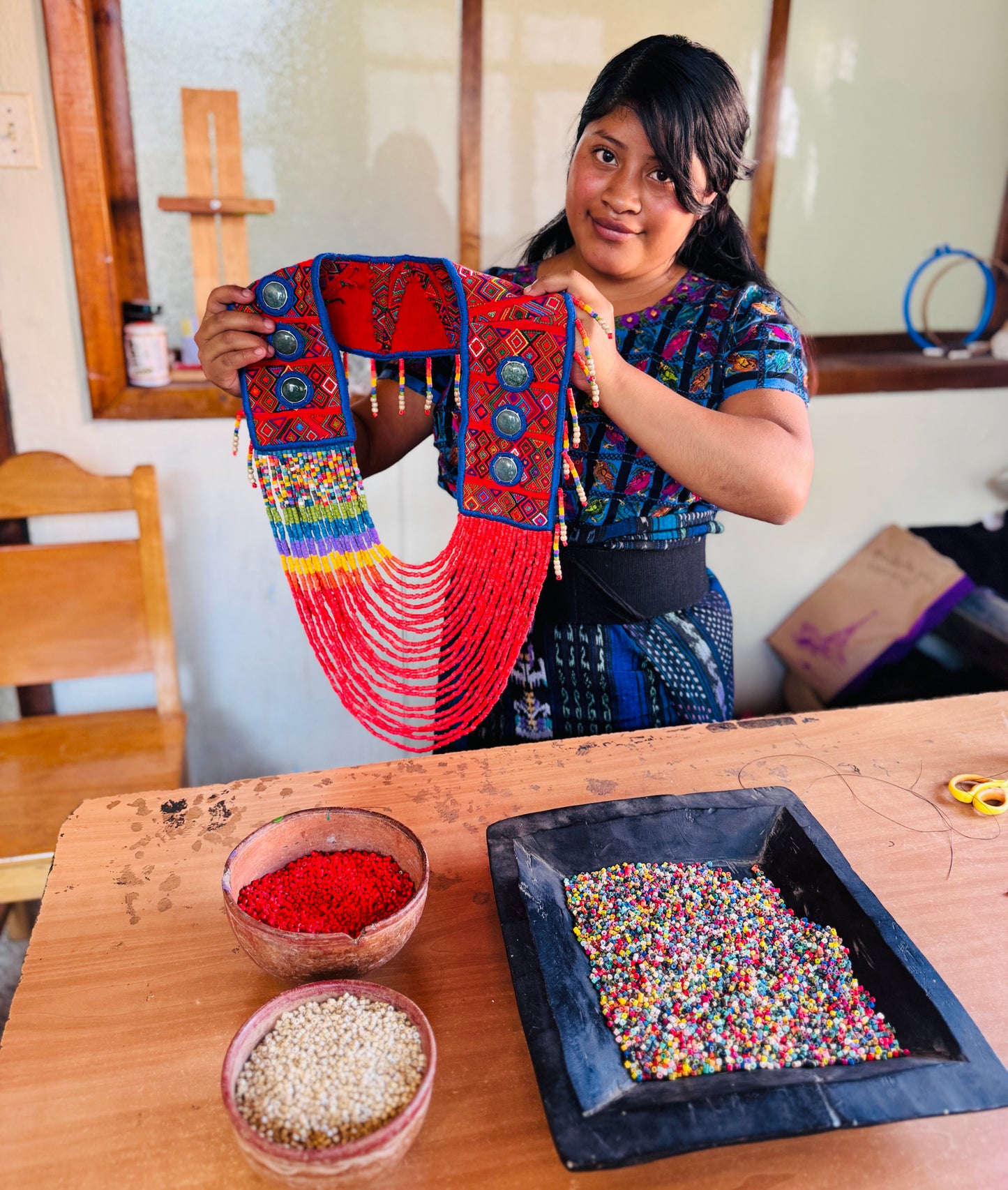 Ceremonial Shoulder Piece with Jade Stones and Beaded Chains - Red Rainbow