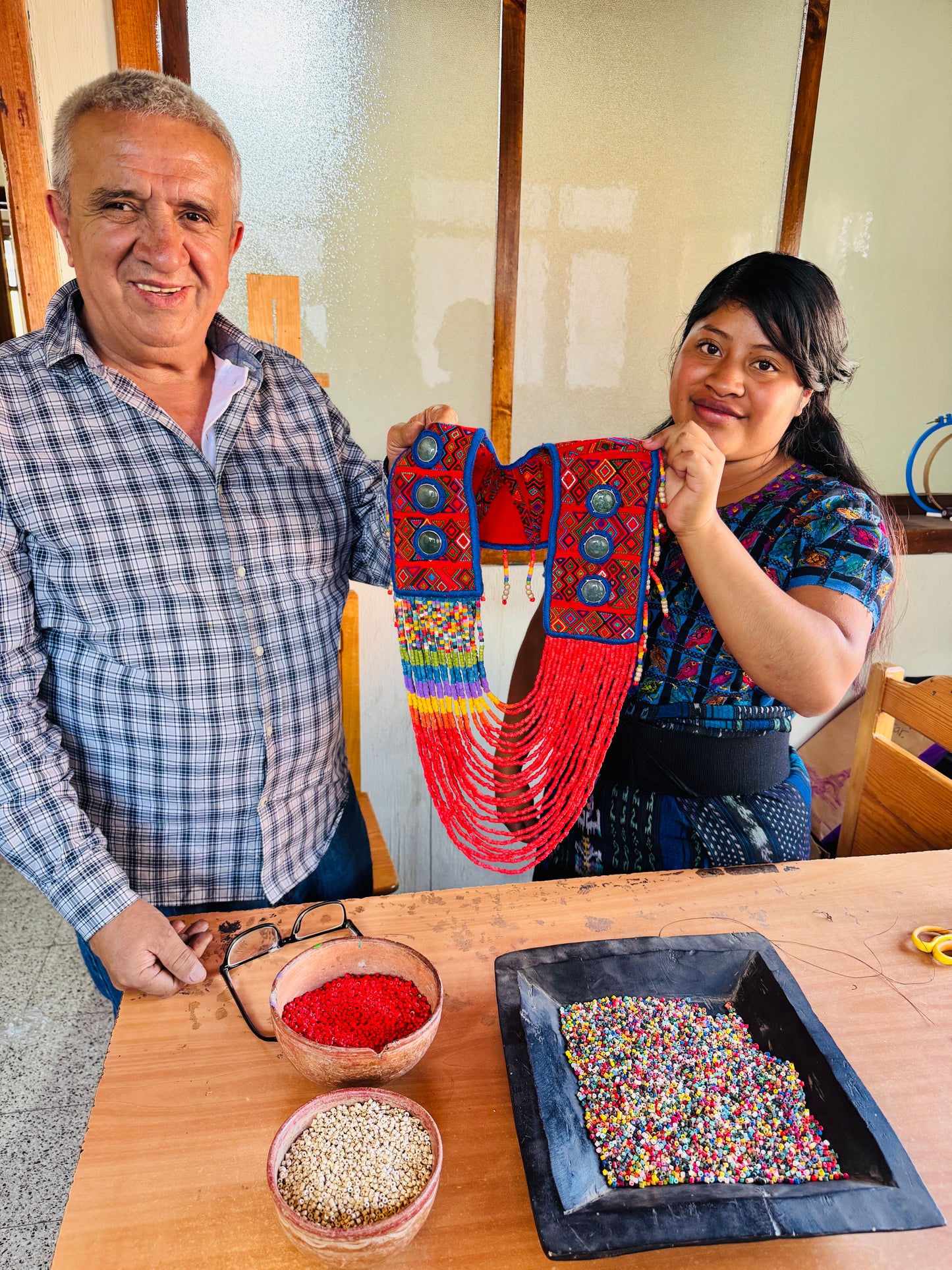Ceremonial Shoulder Piece with Jade Stones and Beaded Chains - Red Rainbow
