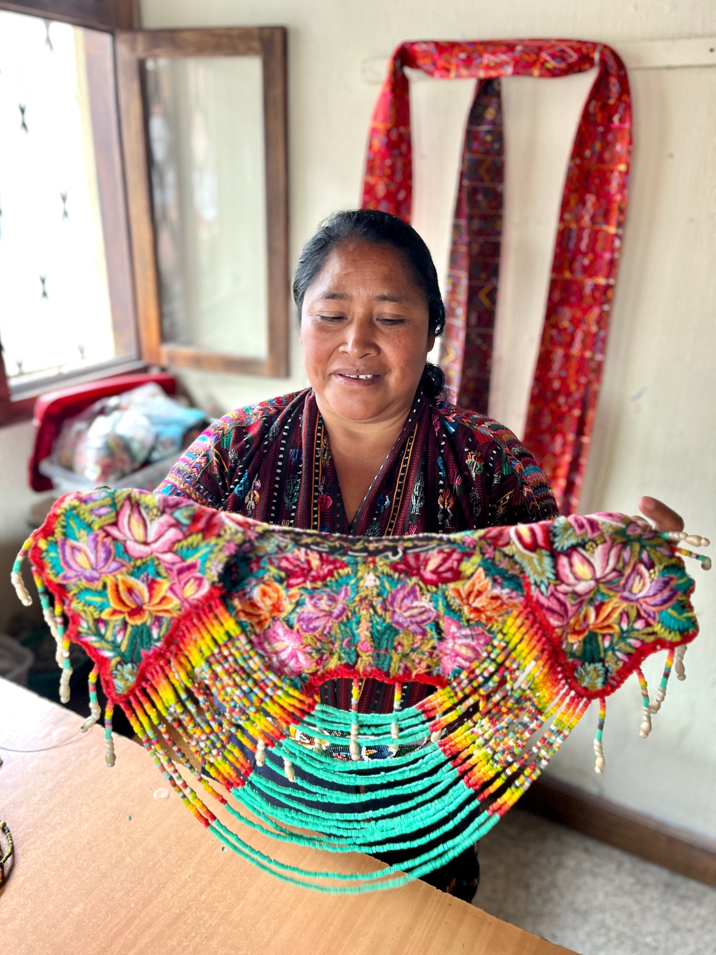 Textile Cape with Beaded Body Chains - "Huipil Capa", Vibrant Flora, Small