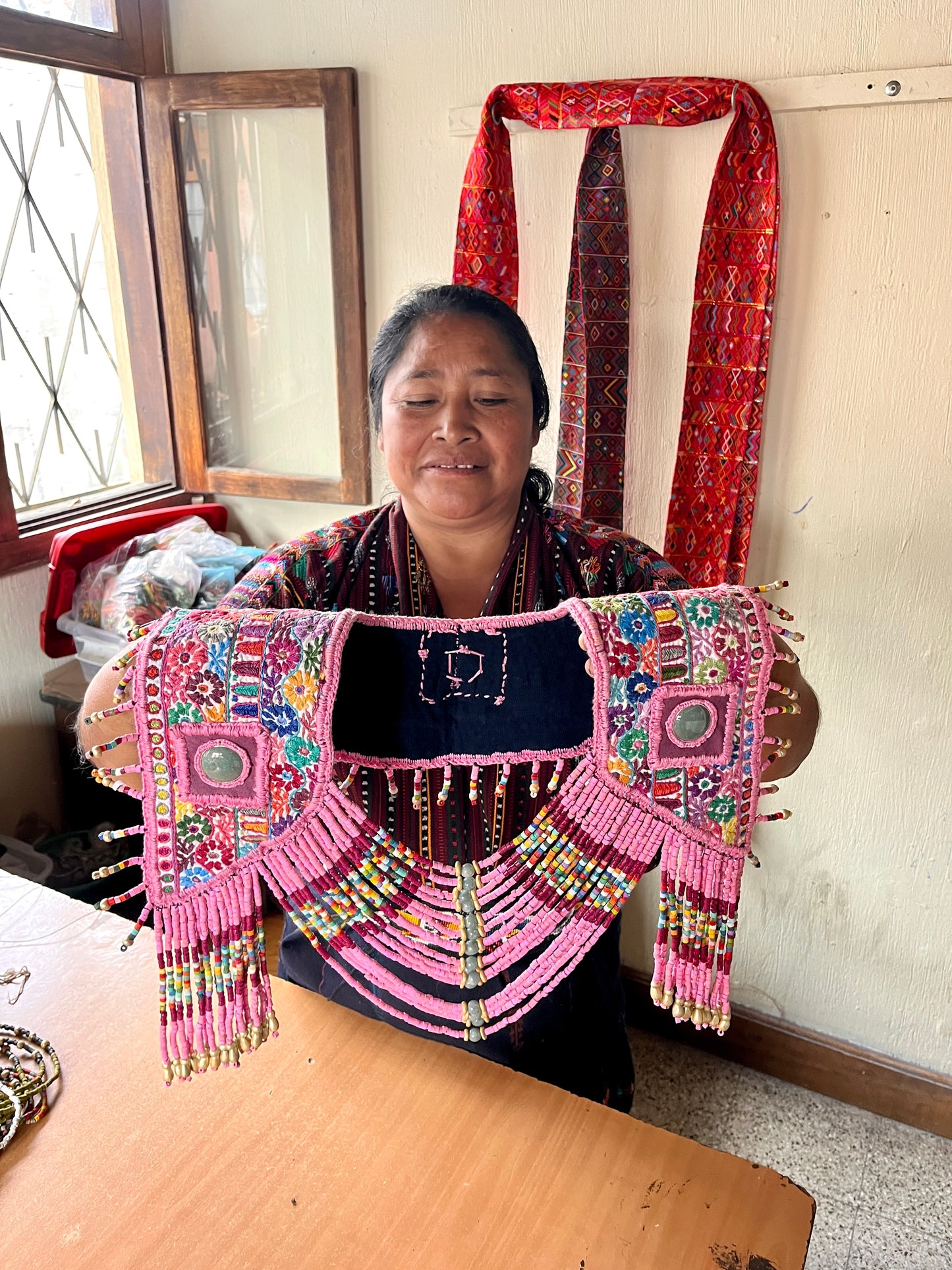 Textile Chest Piece with Chains, Fringes, and Jade - "Barbie"