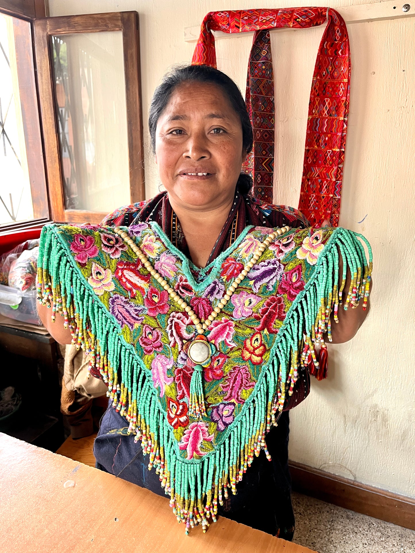 Textile Poncho with Beaded Fringes and Jade - "Poncho Cleopatra", Turquoise