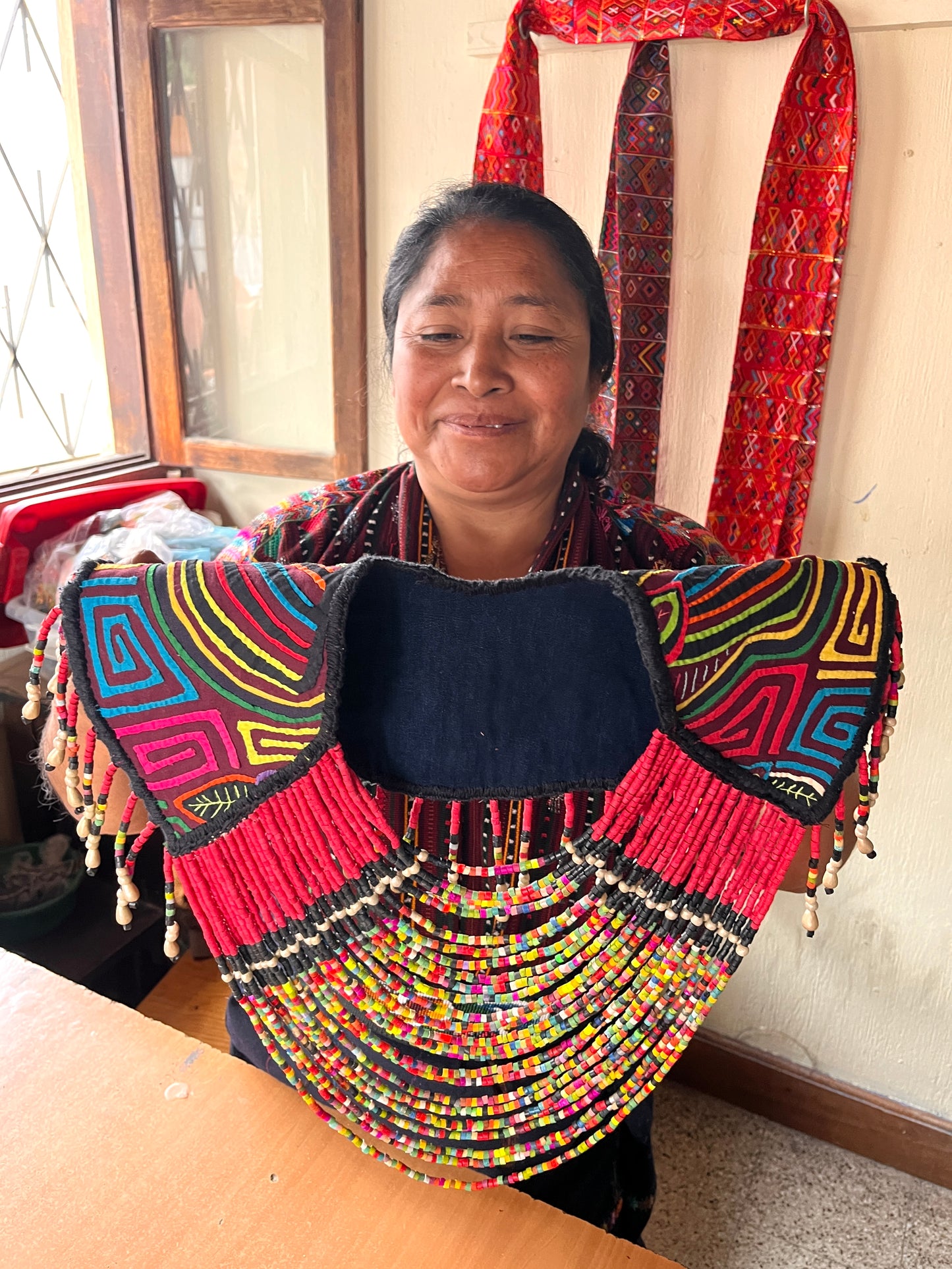 Textile Cape with Beaded Chains - Mola Capa, Magenta Multicolor