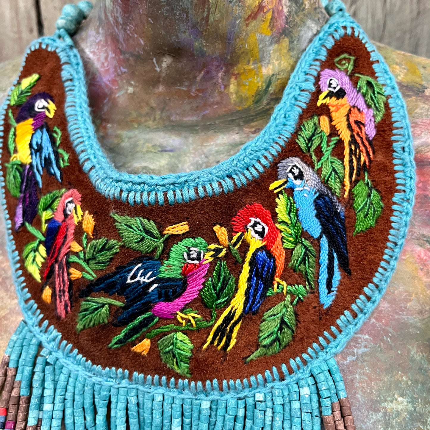 Embroidered Bib Collars with Fringes, Adjustable - "Birds of Santiago"