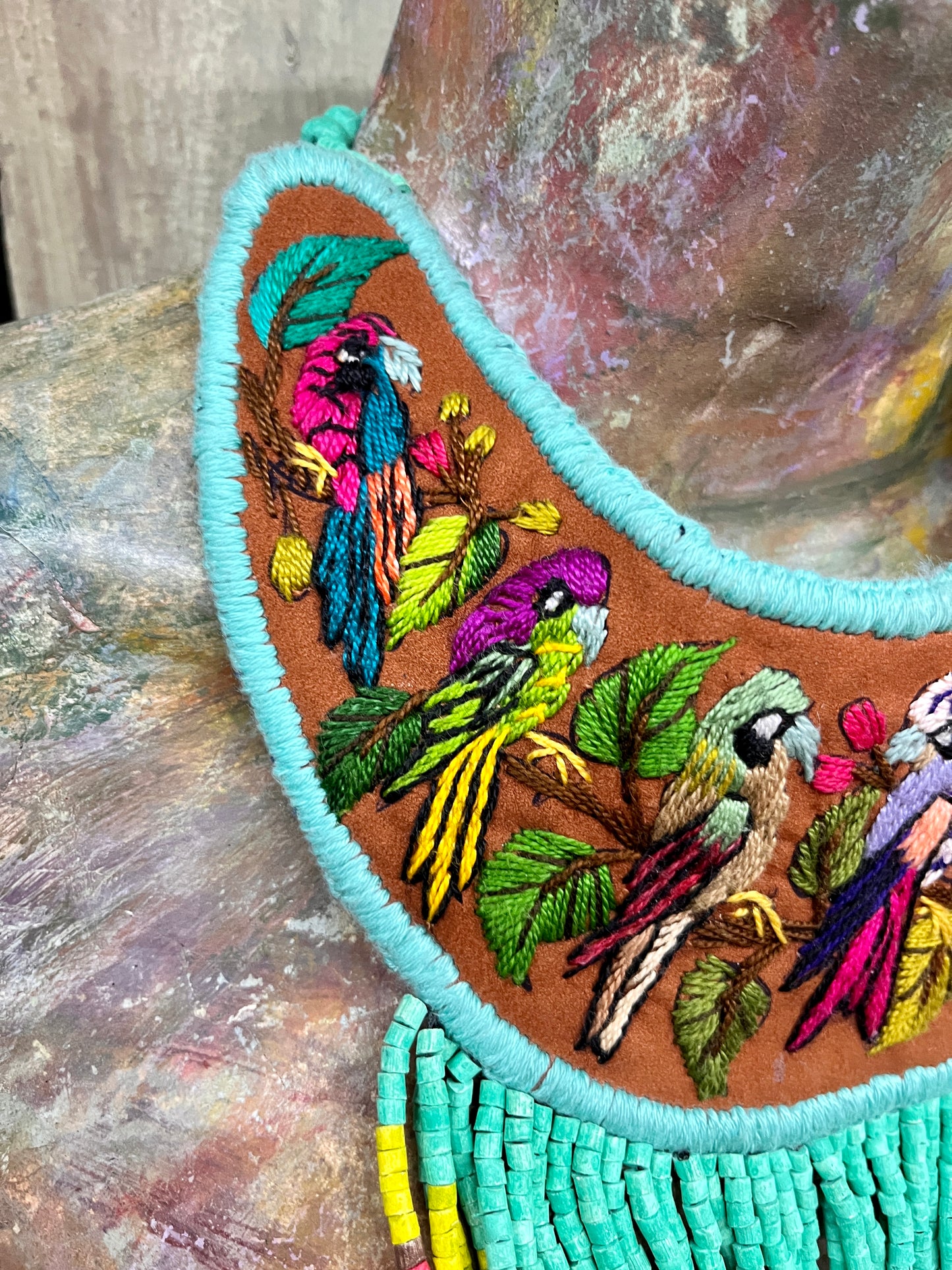 Embroidered Bib Collars with Fringes, Adjustable - "Birds of Santiago"