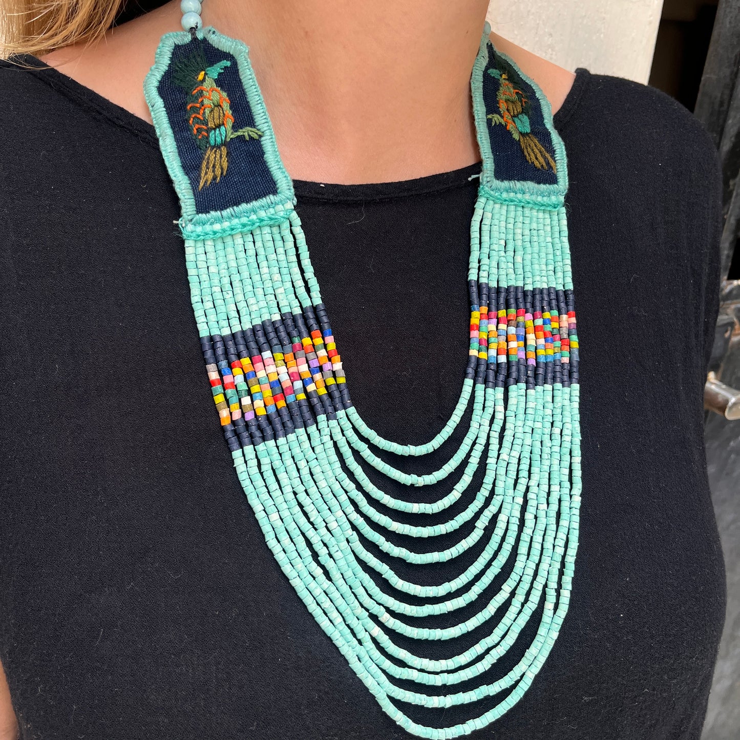 Two-piece Textile Necklaces, Adjustable - "Birds of Santiago", Neutrals