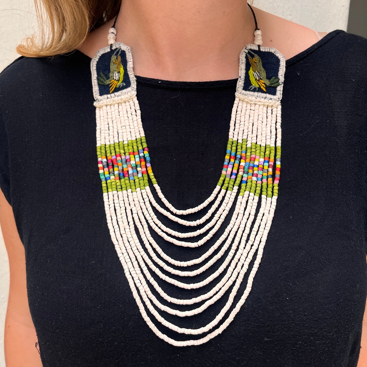 Two-piece Textile Necklaces, Adjustable - "Birds of Santiago", Neutrals
