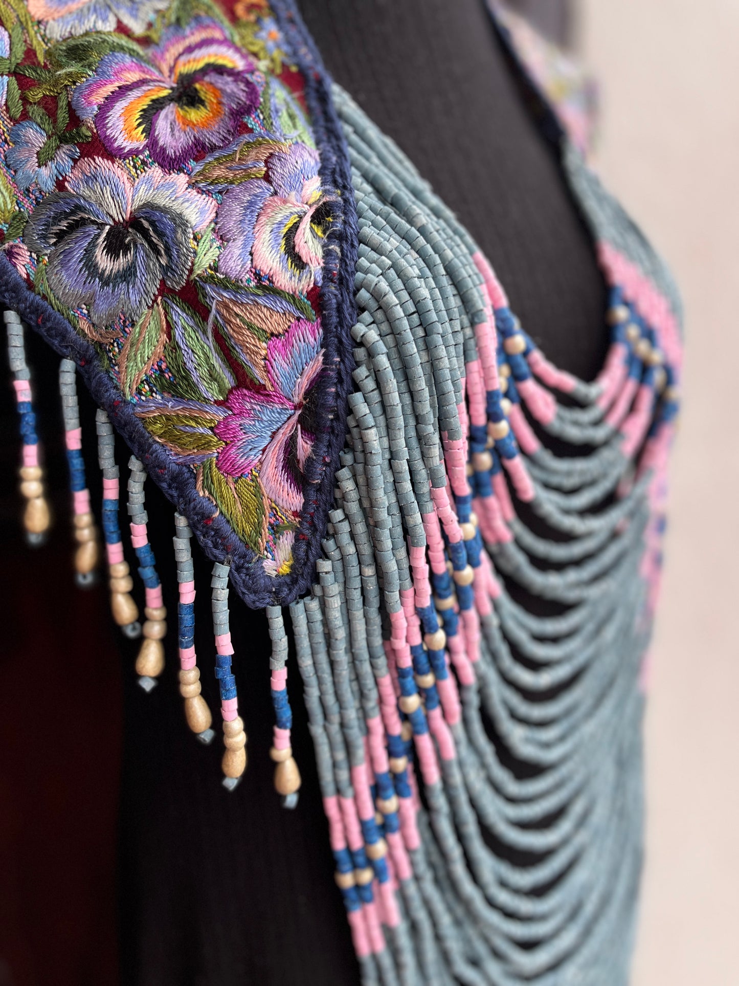 Textile Cape with Beaded Body Chains - "Huipil Capa", Purple Flora