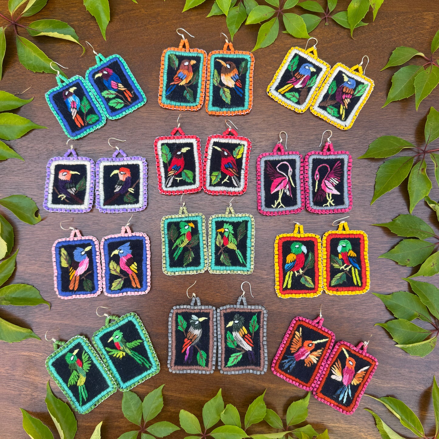 Artisan Guatemalan Embroidered Hummingbird Colibri Bird Earrings with Ceramic Clay Beads and Silver Hooks, hot pink