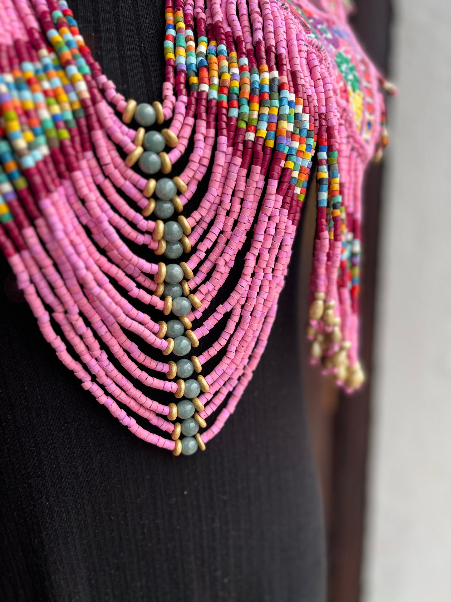 Textile Chest Piece with Chains, Fringes, and Jade - "Barbie"