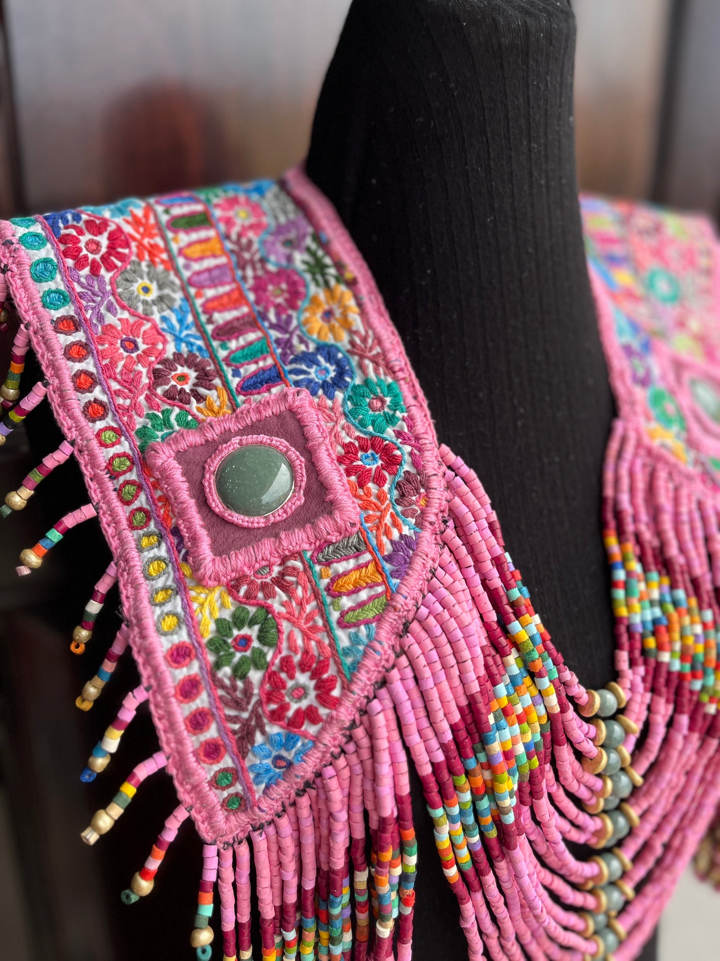 Textile Chest Piece with Chains, Fringes, and Jade - "Barbie"