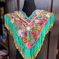 Textile Poncho with Beaded Fringes and Jade - "Poncho Cleopatra", Turquoise