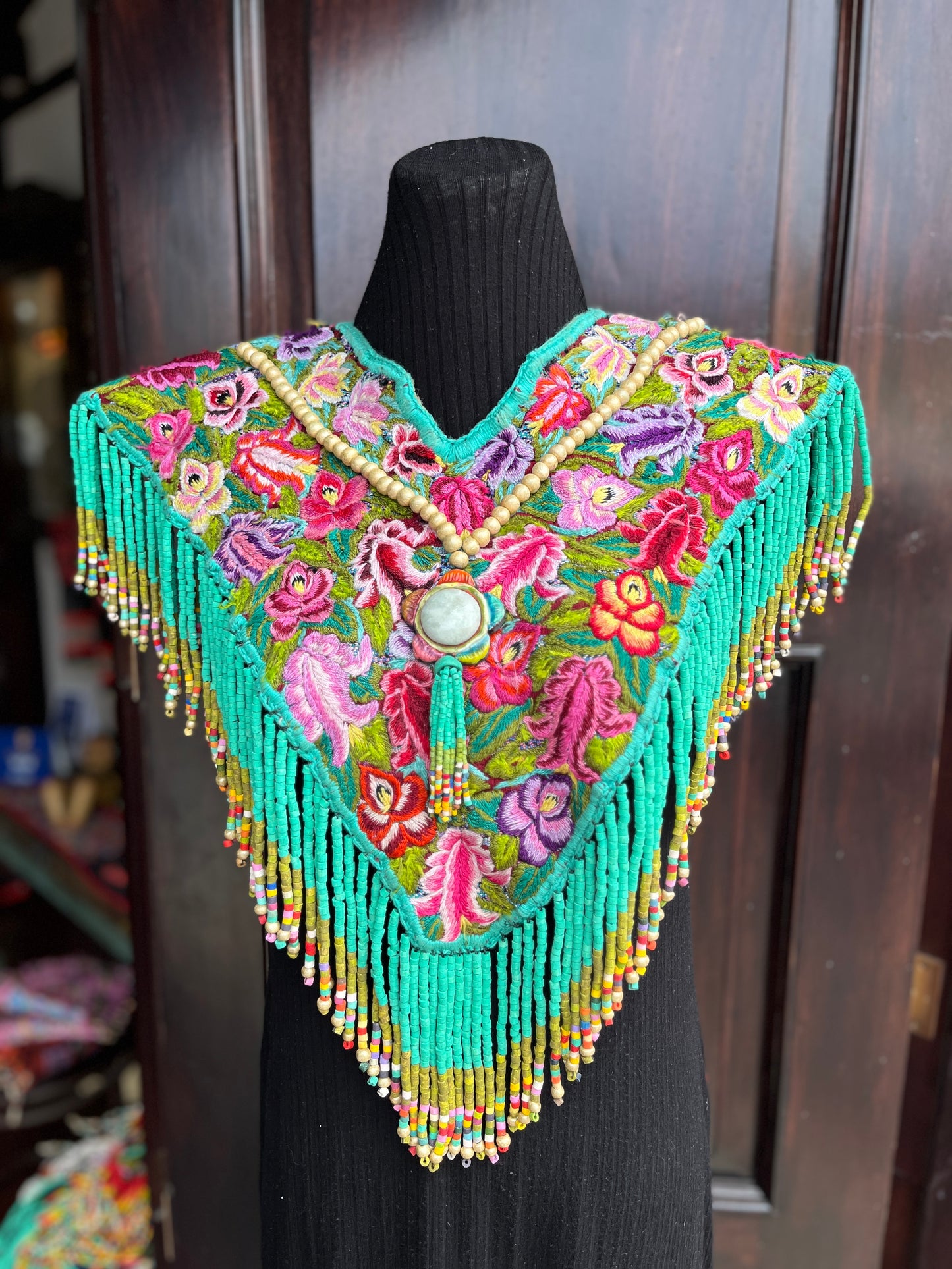 Textile Poncho with Beaded Fringes and Jade - "Poncho Cleopatra", Turquoise