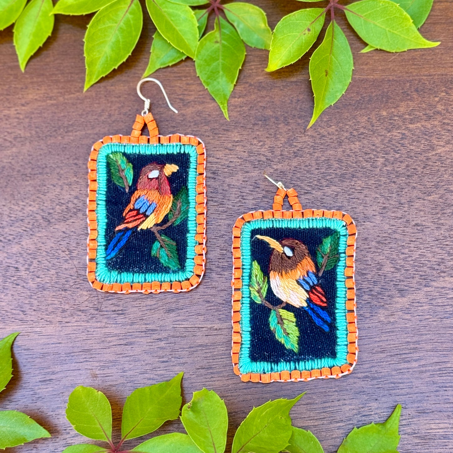 Artisan Guatemalan Embroidered Kingfisher Inspired Bird Earrings with Ceramic Clay Beads and Silver Hooks, orange