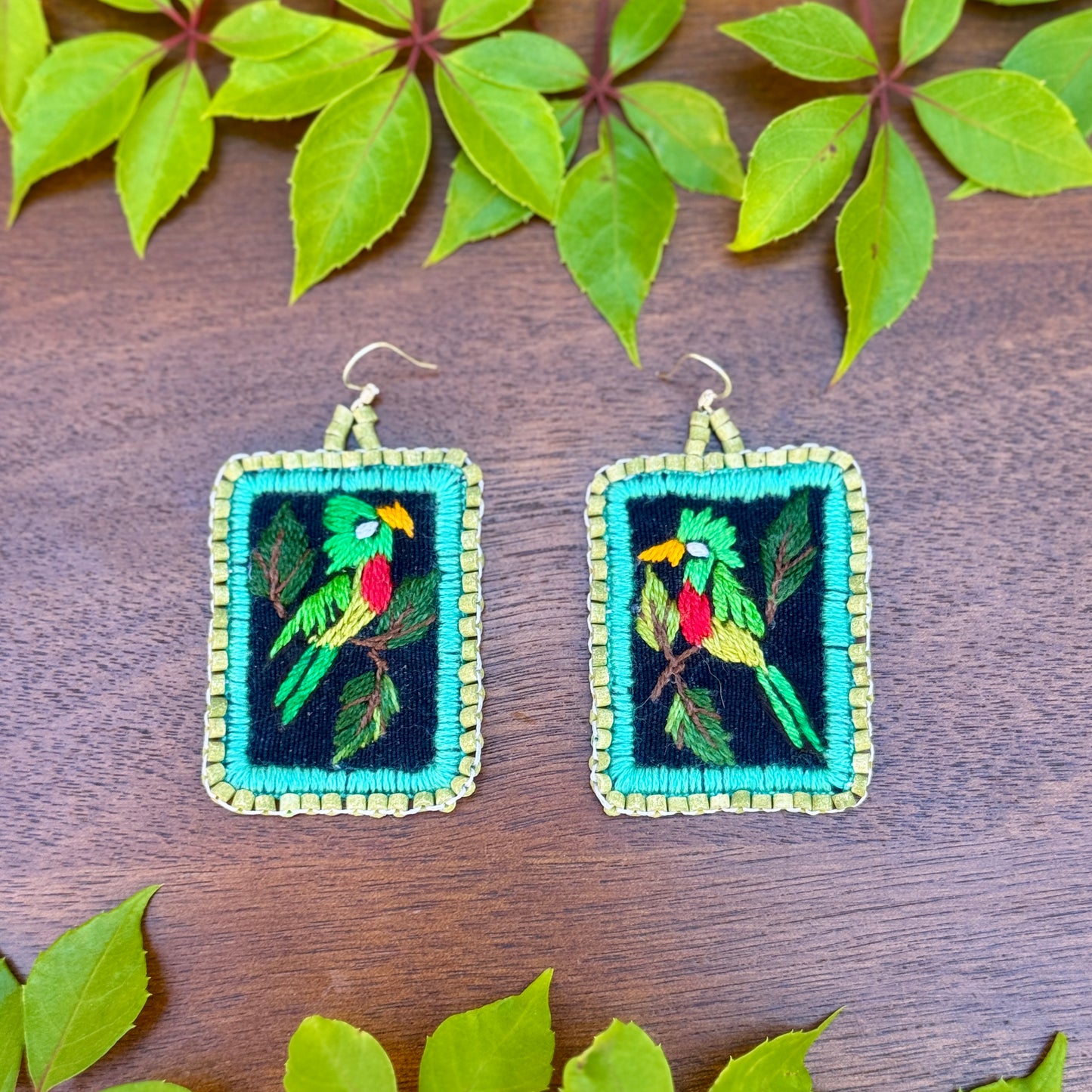 Artisan Guatemalan Embroidered Quetzal Mohawk Bird Earrings with Ceramic Clay Beads and Silver Hooks, light green