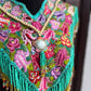 Textile Poncho with Beaded Fringes and Jade - "Poncho Cleopatra", Turquoise