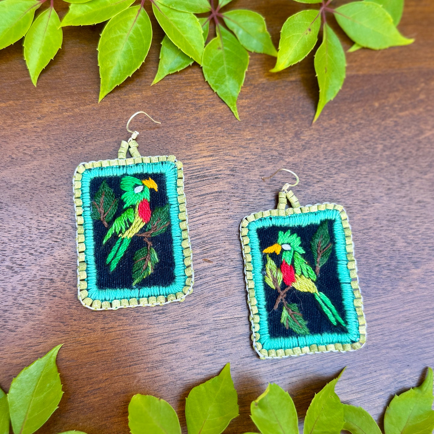 Artisan Guatemalan Embroidered Quetzal Mohawk Bird Earrings with Ceramic Clay Beads and Silver Hooks, light green