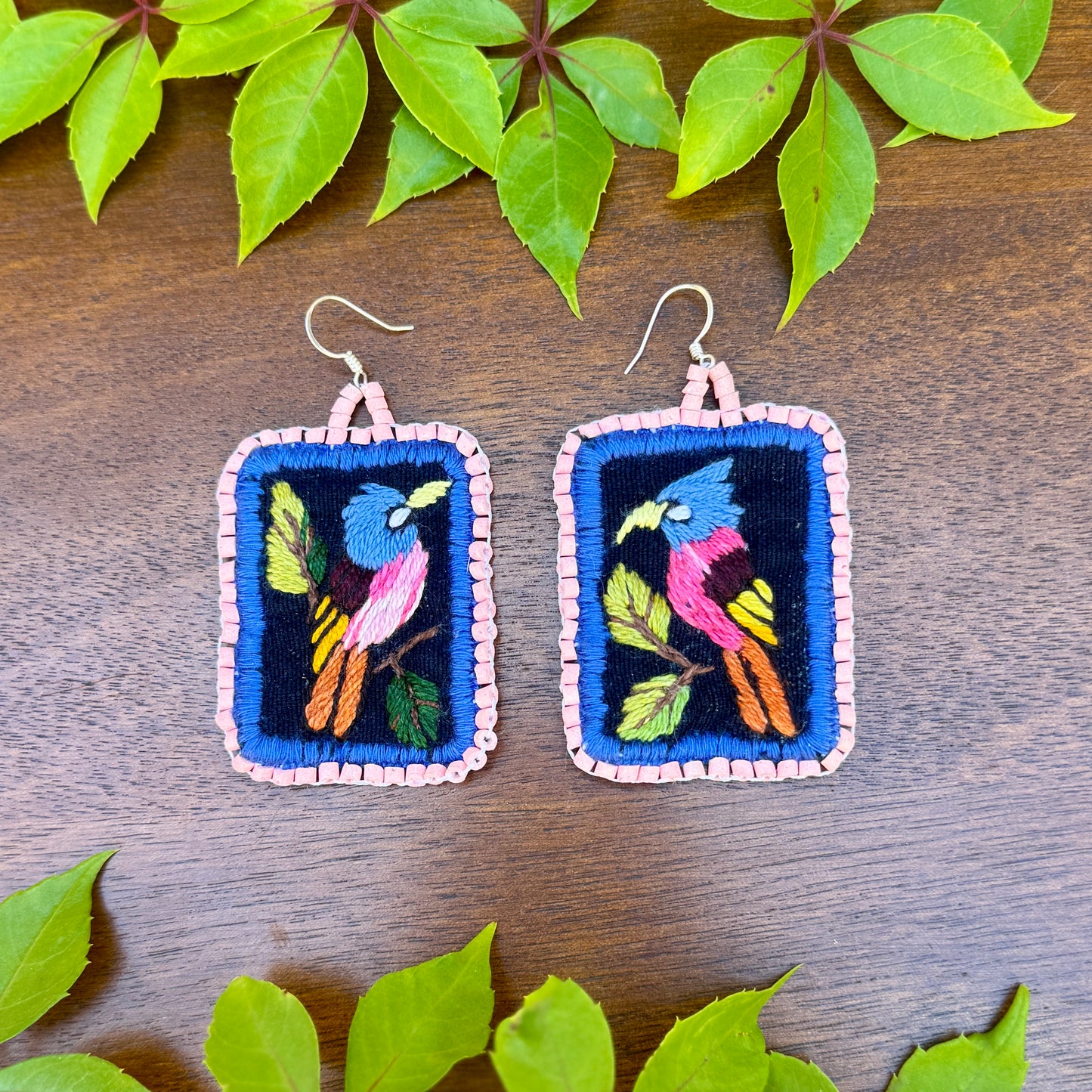 Artisan Guatemalan Embroidered Bluebird Inspired Bird Earrings with Ceramic Clay Beads and Silver Hooks, light pink