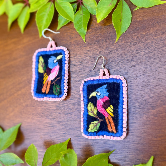 Artisan Guatemalan Embroidered Bluebird Inspired Bird Earrings with Ceramic Clay Beads and Silver Hooks, light pink