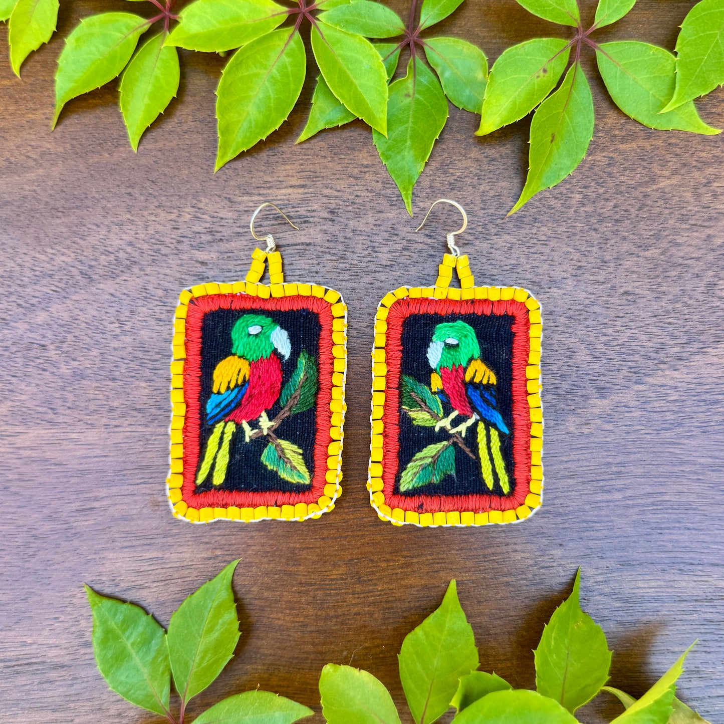 Artisan Guatemalan Embroidered Parrot Bird Earrings with Ceramic Clay Beads and Silver Hooks, yellow