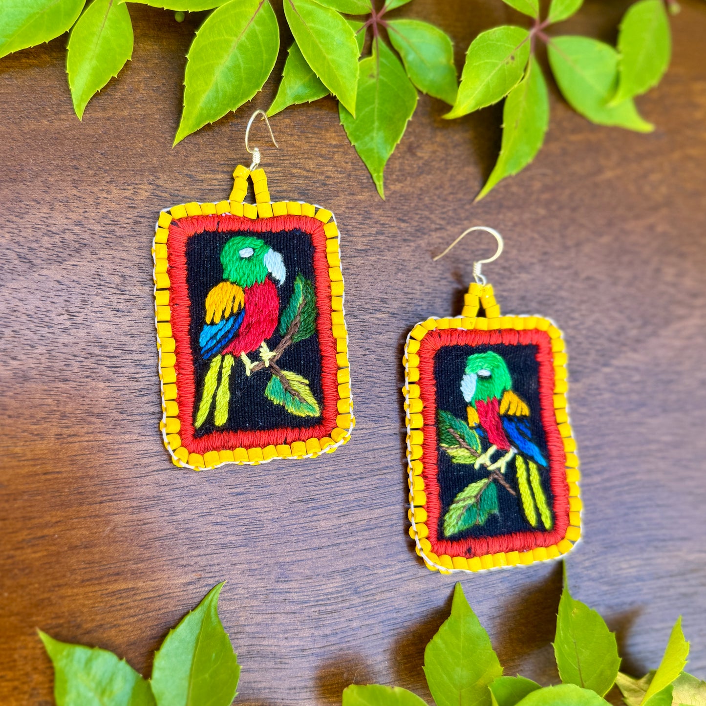 Artisan Guatemalan Embroidered Parrot Bird Earrings with Ceramic Clay Beads and Silver Hooks, yellow