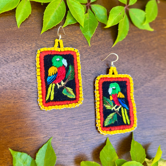 Artisan Guatemalan Embroidered Parrot Bird Earrings with Ceramic Clay Beads and Silver Hooks, yellow