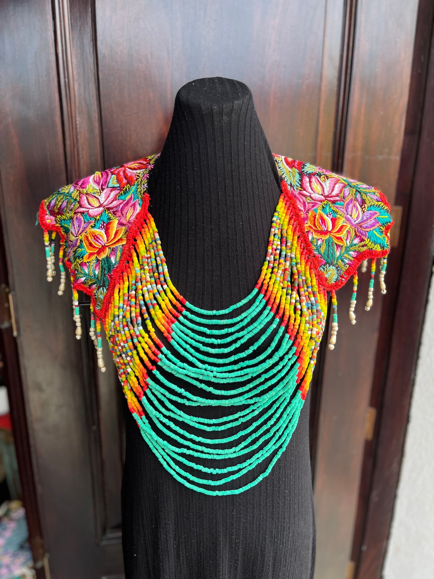 Textile Cape with Beaded Body Chains - "Huipil Capa", Vibrant Flora, Small