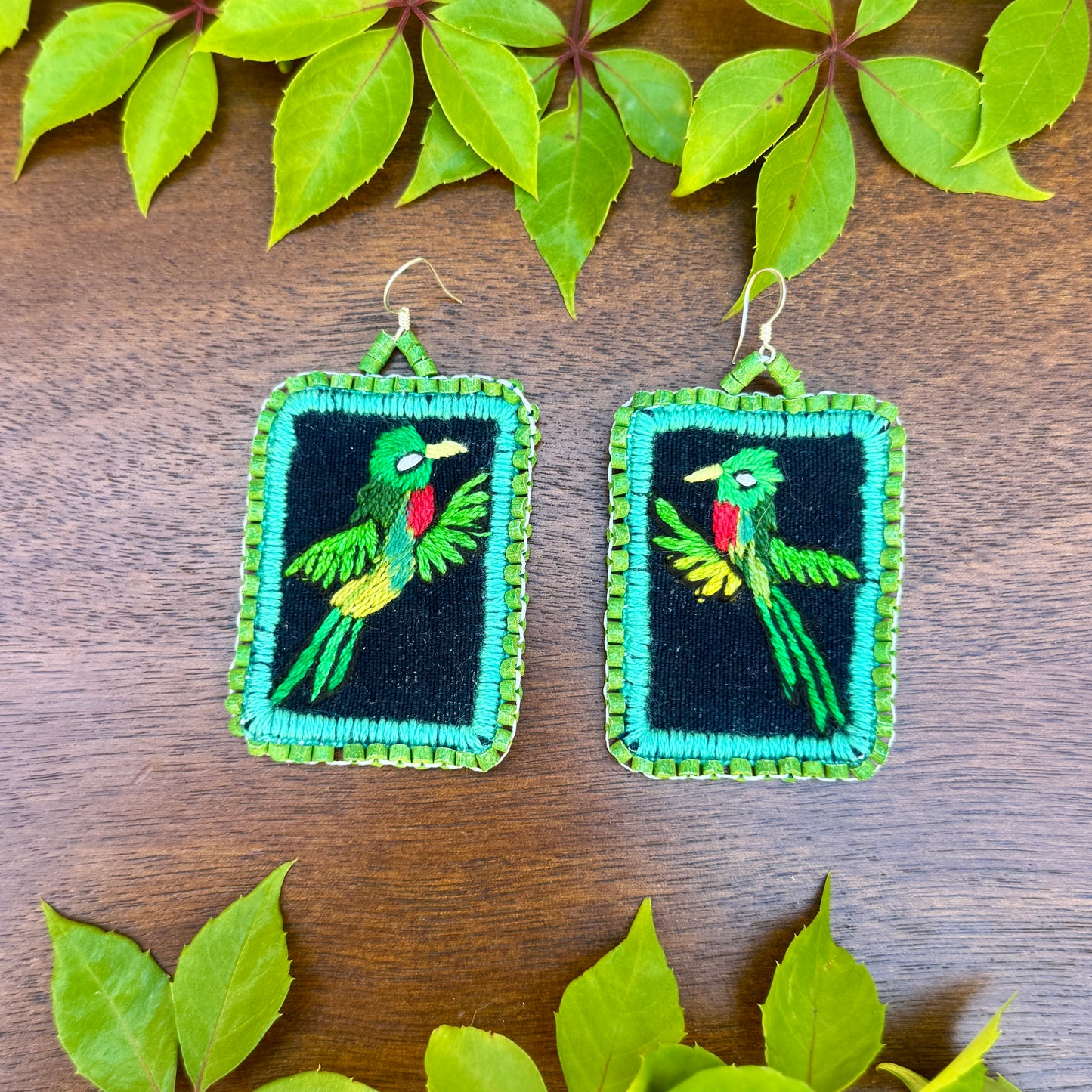Artisan Guatemalan Embroidered Quetzal Inspired Bird Earrings with Ceramic Clay Beads and Silver Hooks, green