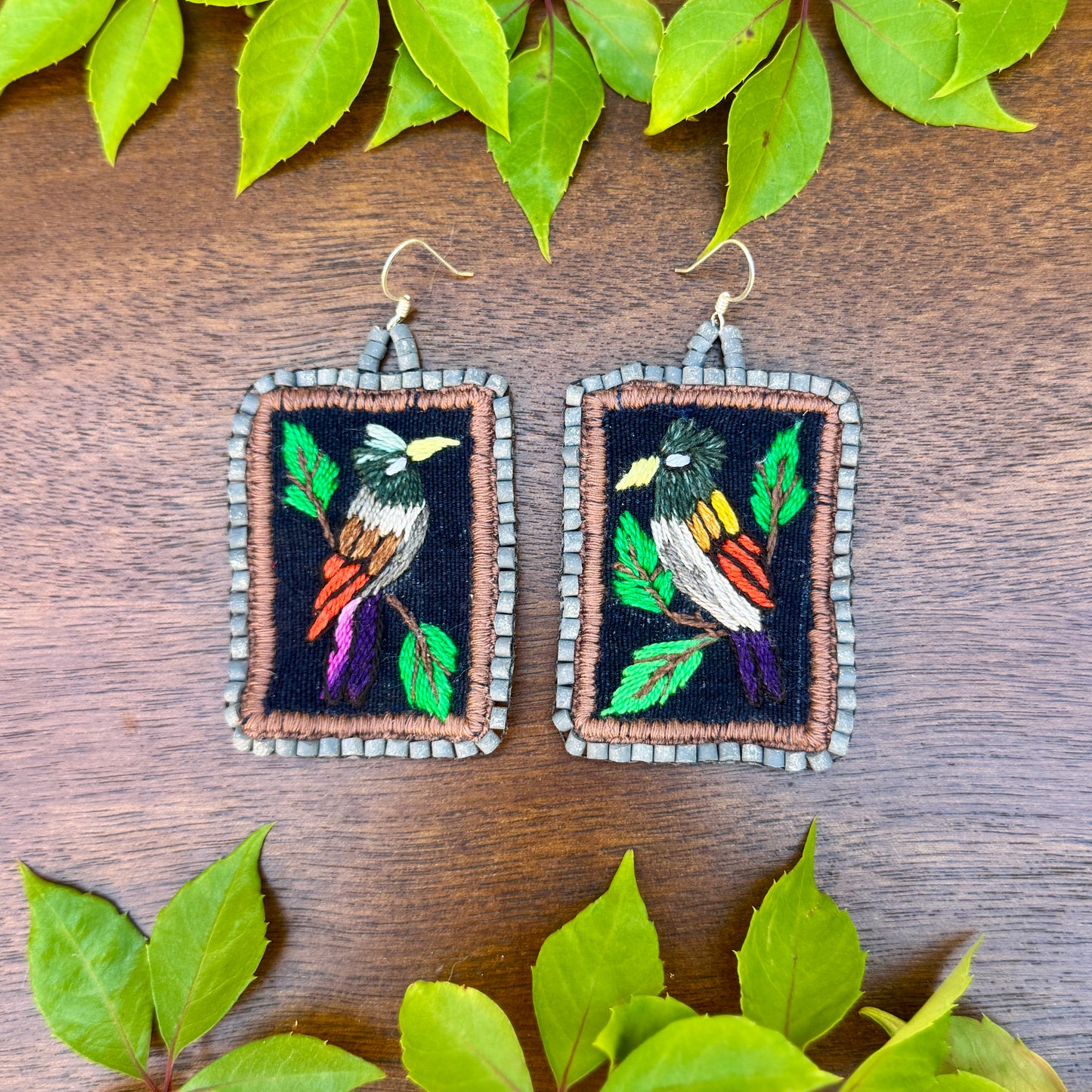 Artisan Guatemalan Embroidered Songbird Inspired Earrings with Ceramic Clay Beads and Silver Hooks, grey
