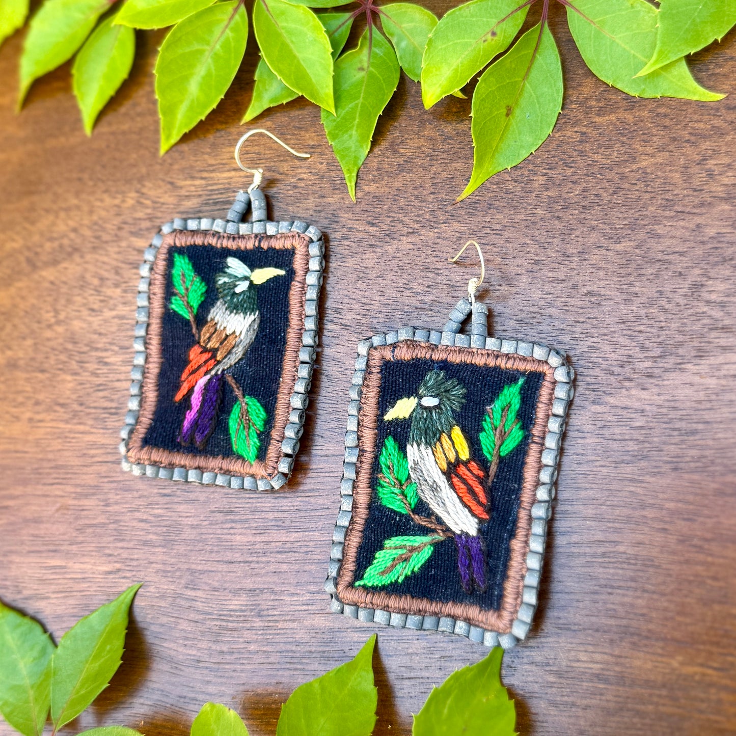 Artisan Guatemalan Embroidered Songbird Inspired Earrings with Ceramic Clay Beads and Silver Hooks, grey