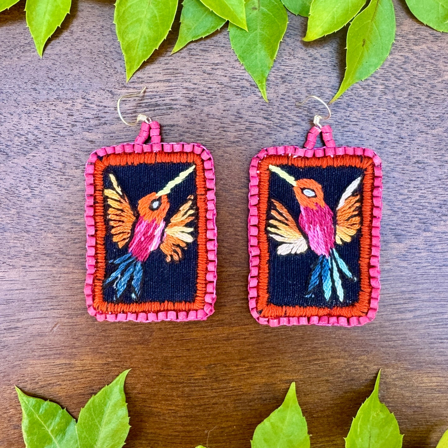 Artisan Guatemalan Embroidered Hummingbird Colibri Bird Earrings with Ceramic Clay Beads and Silver Hooks, hot pink